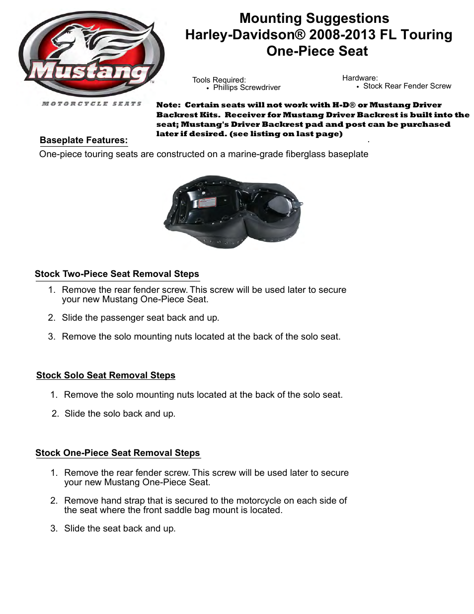 Mustang Motorcycle Seats One-Piece Studded LowDown Touring Seat, Harley-Davidson Road King, FLHT, FLTR, FLHX User Manual | 2 pages