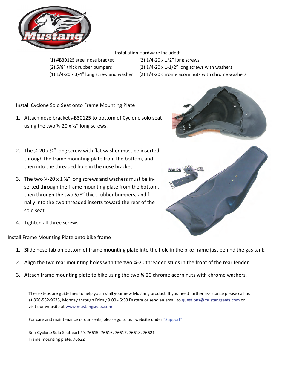 Mustang Motorcycle Seats Cyclone Frame Mounting Plate FLHT & FLTR 1997-07 User Manual | 1 page