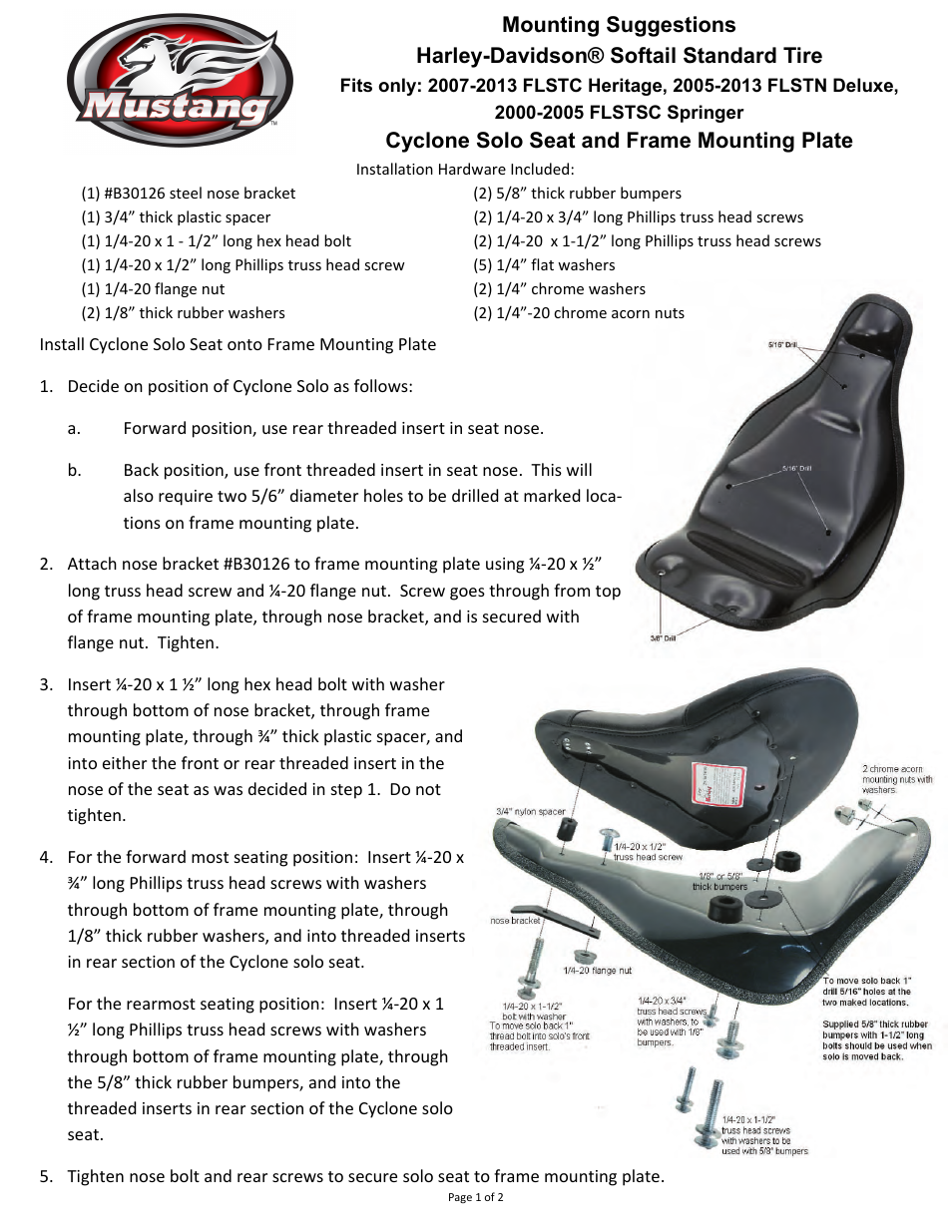Mustang Motorcycle Seats Cyclone Frame Mounting Plate 2000-2013 FLSTC, FLSTSC, FLSTN User Manual | 2 pages