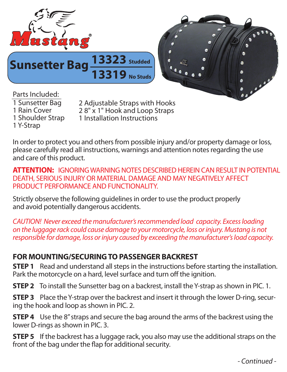 Mustang Motorcycle Seats Mustang Sunsetter Travel Bag, No Studs User Manual | 2 pages