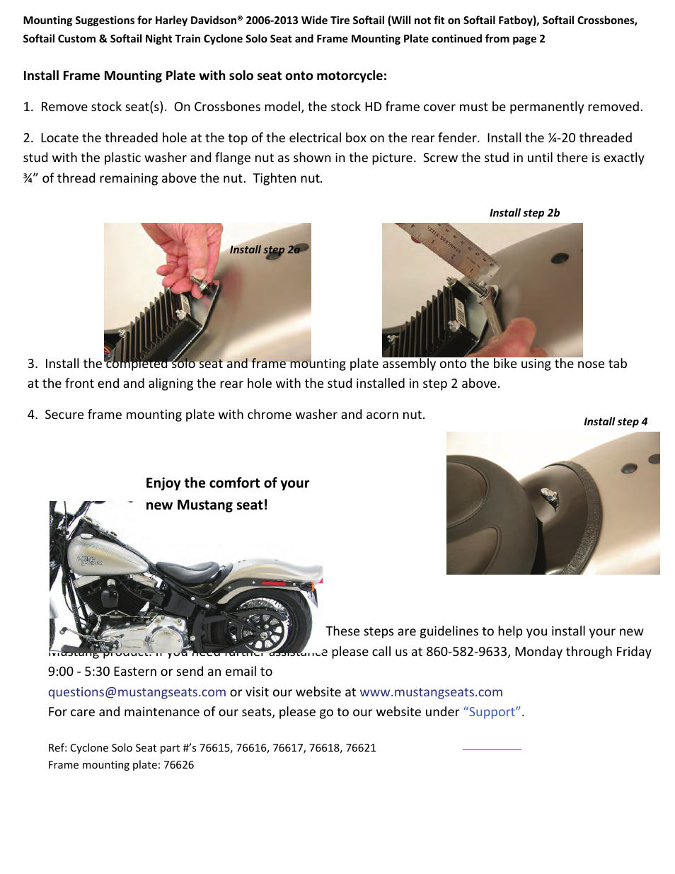 Mustang Motorcycle Seats Cyclone Frame Mounting Plate 2006-2013 FLSTSB Cross Bones, FXSTC Custom, FXSTB Night Train & FXST Standard User Manual | Page 3 / 3