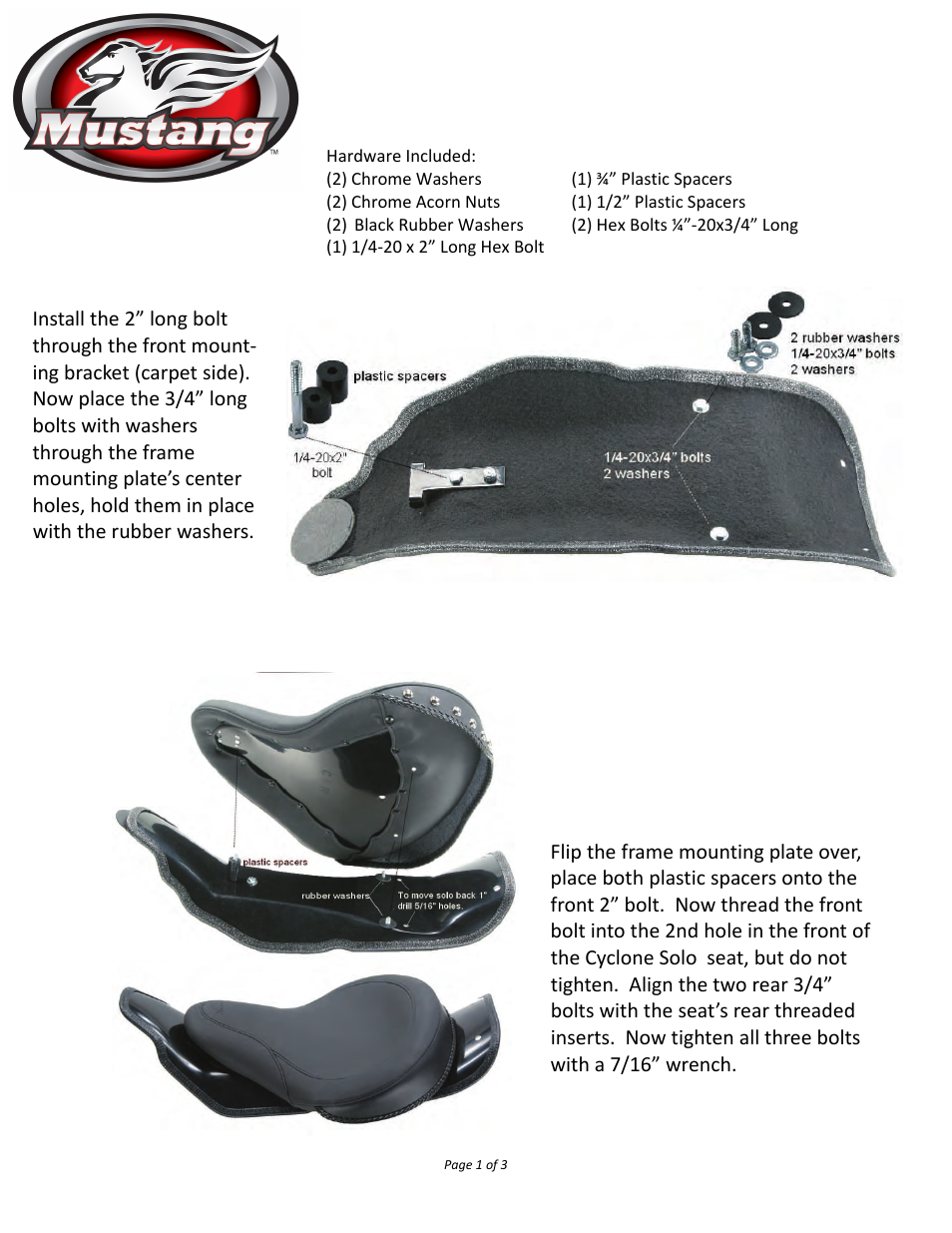 Mustang Motorcycle Seats Cyclone Frame Mounting Plate 2008 ONLY Road King FLHT & FLTR and FLHX Street Glide User Manual | 3 pages