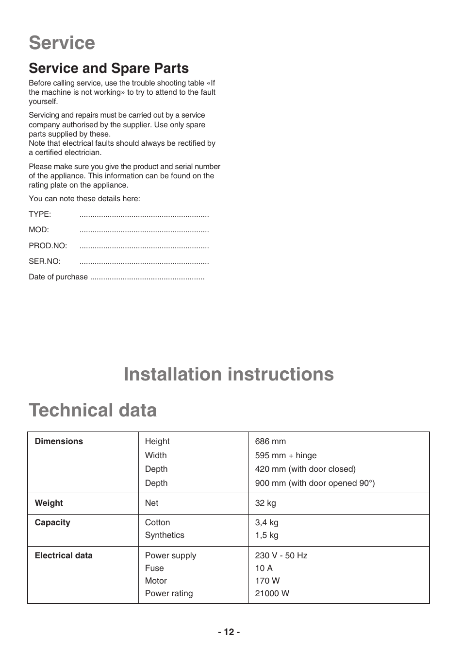 Technical data, Service, Installation instructions | Service and spare parts | Electrolux EDC3150 User Manual | Page 12 / 28