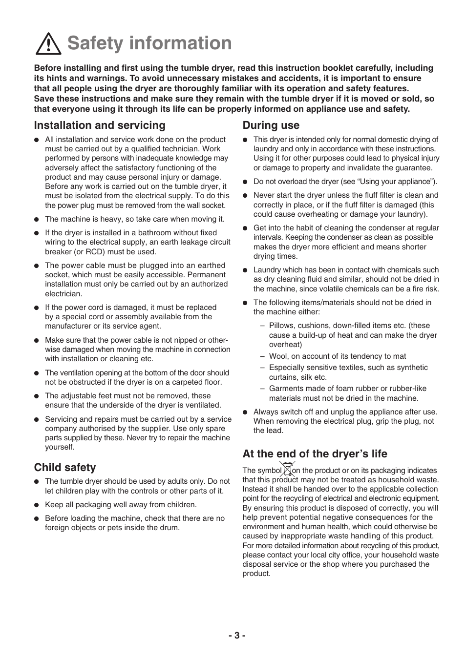 Safety information, Installation and servicing, Child safety | During use, At the end of the dryer’s life | Electrolux EDC3150 User Manual | Page 3 / 28