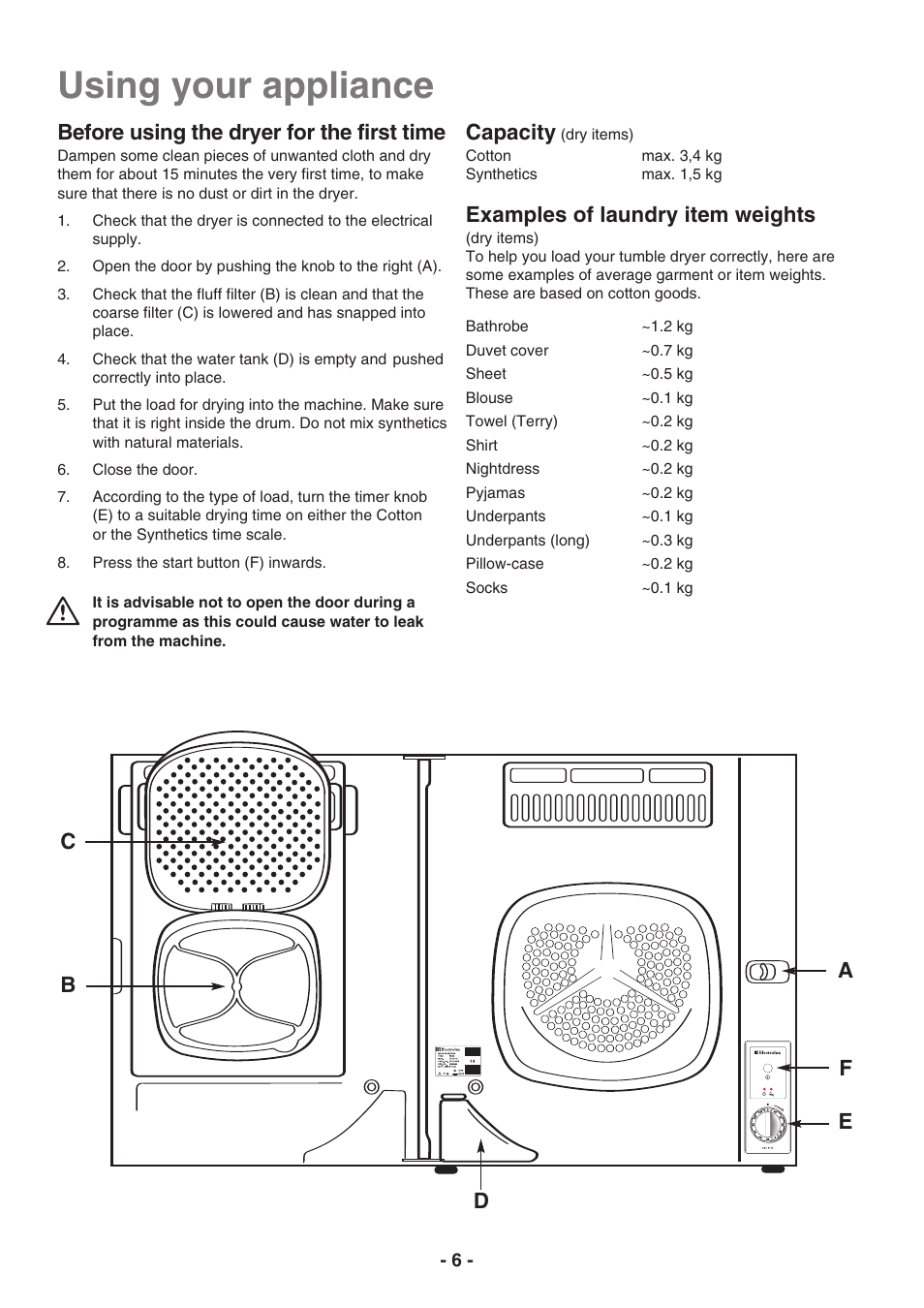 Using your appliance, Before using the dryer for the first time, Capacity | Examples of laundry item weights | Electrolux EDC3150 User Manual | Page 6 / 28