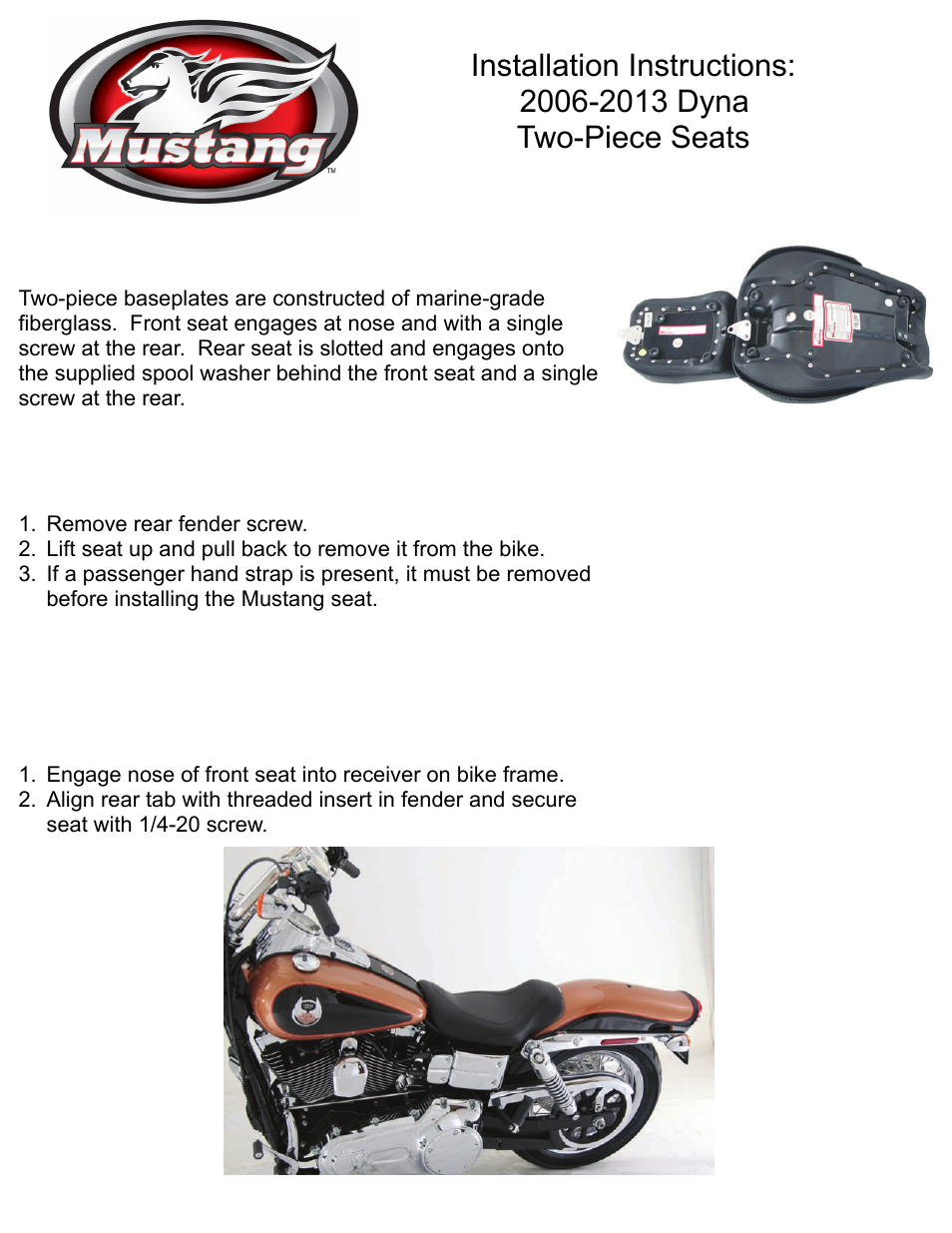 Mustang Motorcycle Seats Deluxe Tripper Solo Seat - Harley-Davidson Dyna Glide User Manual | 2 pages