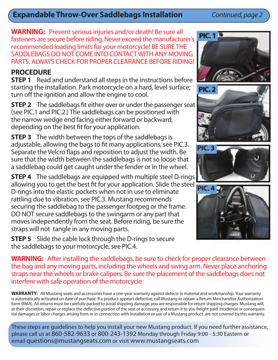 Expandable throw-over saddlebags installation | Mustang Motorcycle Seats Mustang Throw-Over Saddlebags, No Studs User Manual | Page 2 / 2