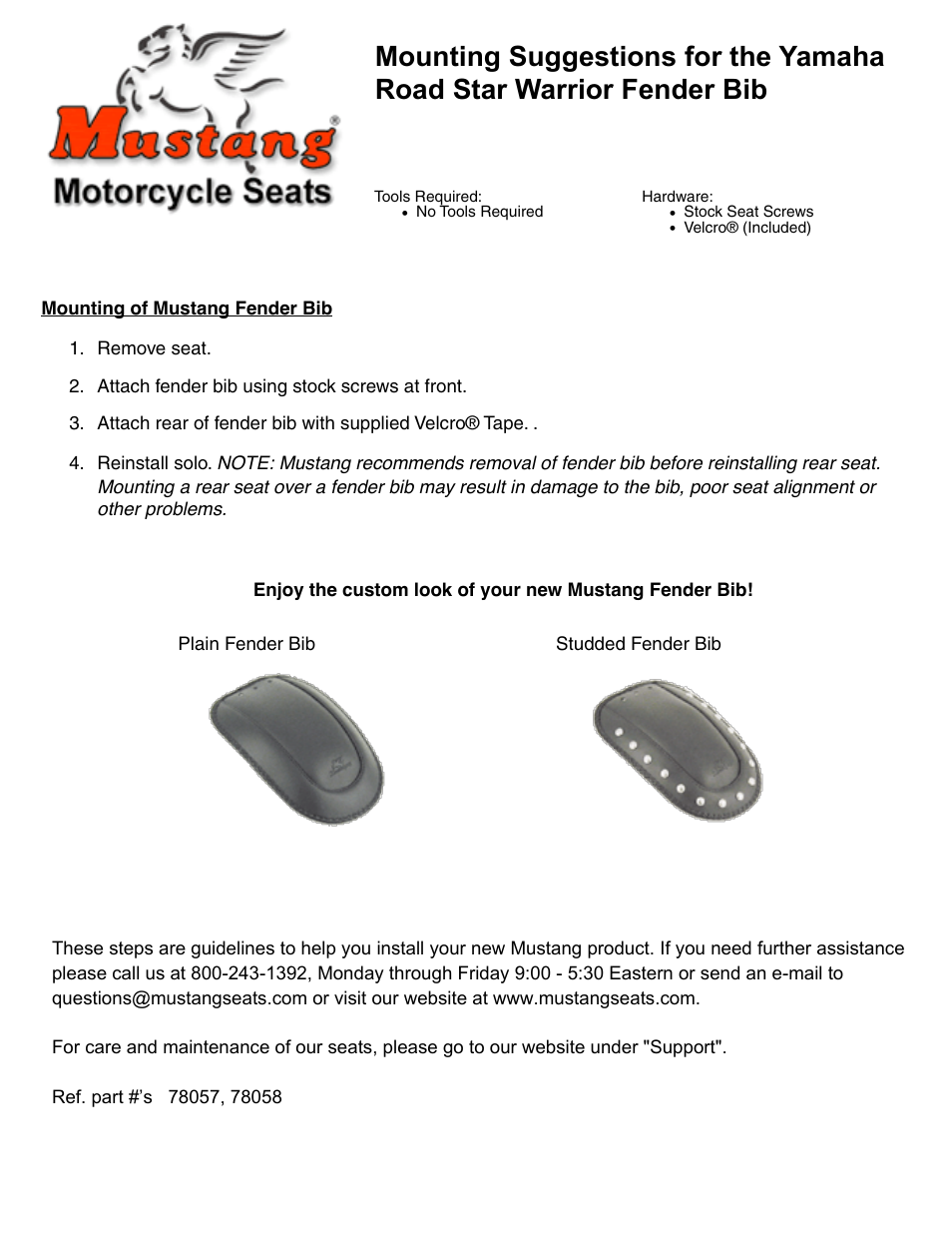 Mustang Motorcycle Seats Studded Fender Bib - Yamaha Road Star Warrior User Manual | 1 page