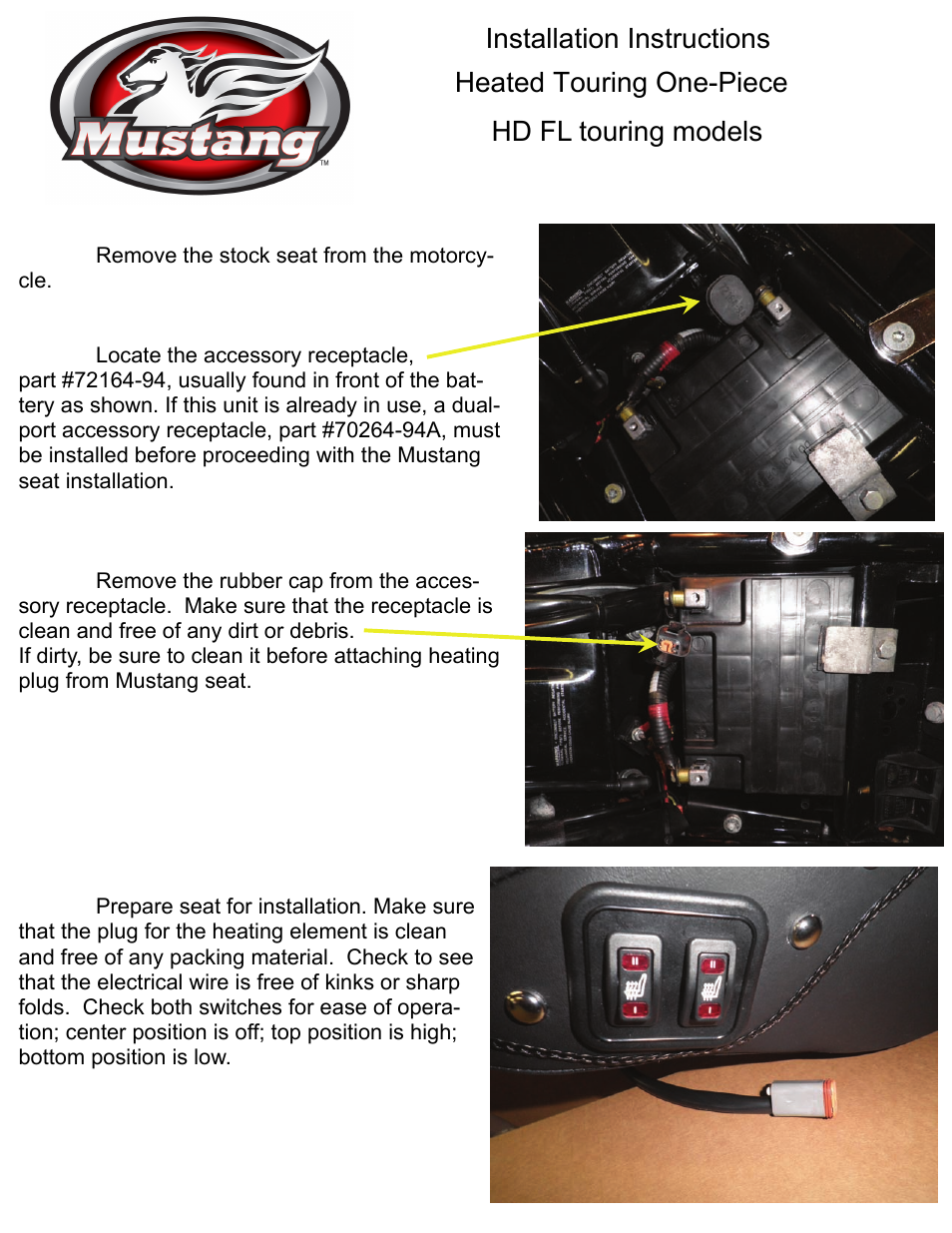 Mustang Motorcycle Seats Heated Touring Seat, Studded, Harley-Davidson FLHR, FLHX, FLHT, FLHTR User Manual | 2 pages