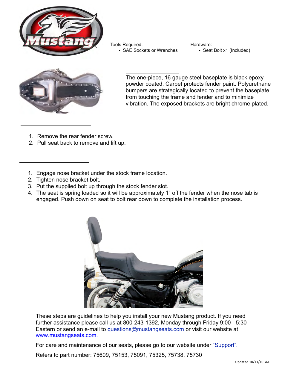 Mustang Motorcycle Seats One-Piece Studded Original Seat - Harley-Davidson XL Sportster User Manual | 1 page