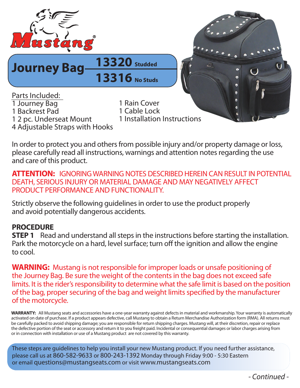Mustang Motorcycle Seats Mustang Motorcycle Journey Bag, No Studs User Manual | 2 pages
