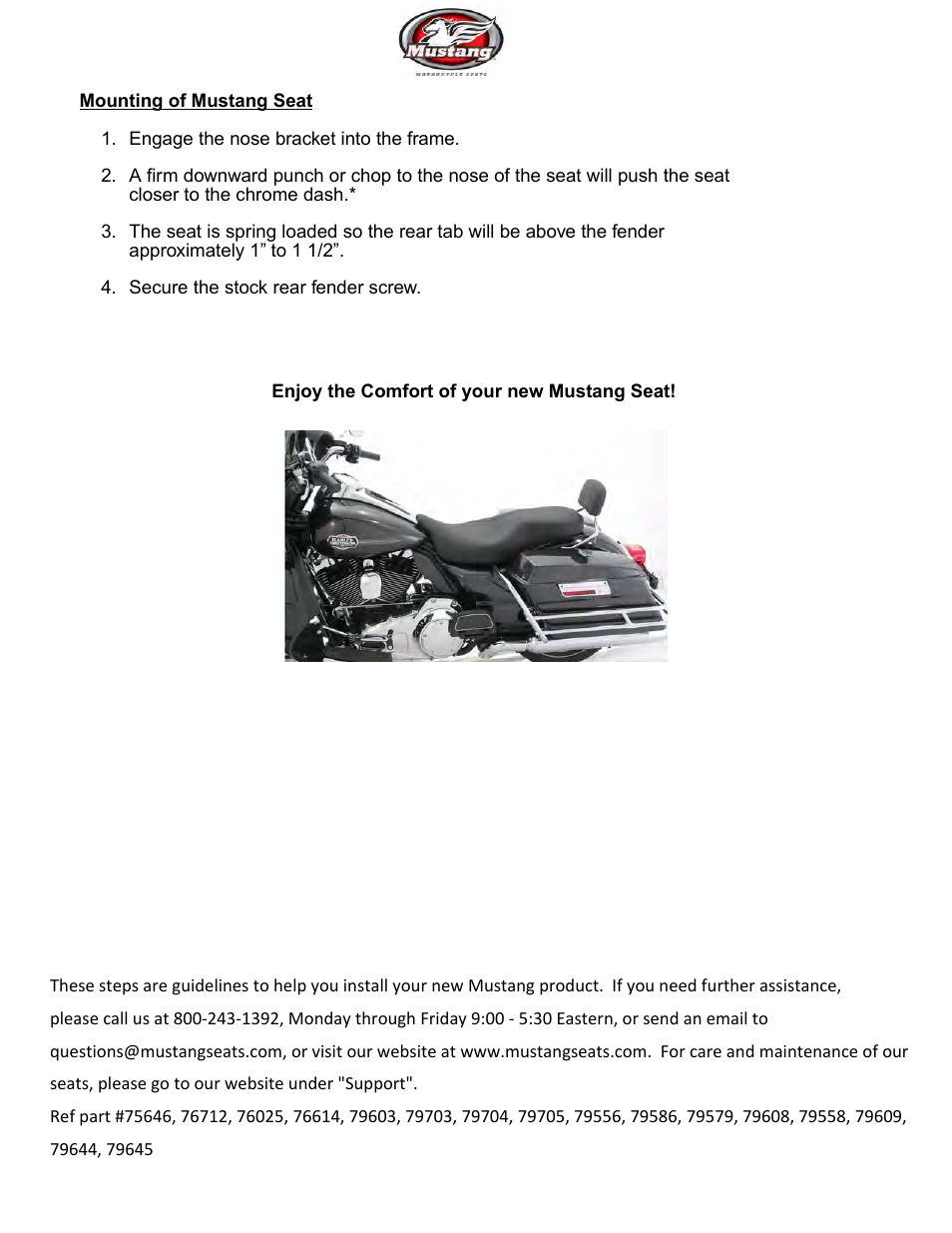 Mustang Motorcycle Seats One-Piece Studded LowDown Touring Seat with Driver Backrest, Harley-Davidson Road King, FLHT, FLTR, FLHX User Manual | Page 2 / 2