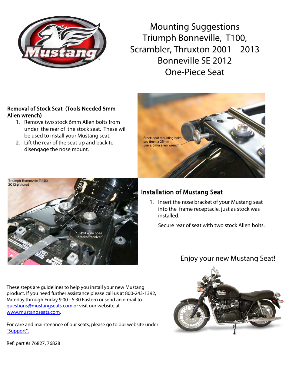 Mustang Motorcycle Seats Triumph Bonneville, Bonneville T100, Bonneville SE, Scrambler & Thruxton Ribbed Sissy Bar Pad User Manual | 1 page