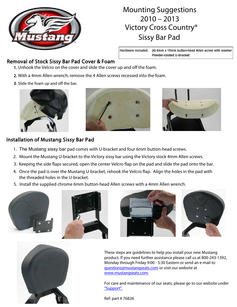 Mustang Motorcycle Seats Victory Cross Roads Classic, Cross Country, Hard-Ball Sissy Bar Pad User Manual | 1 page