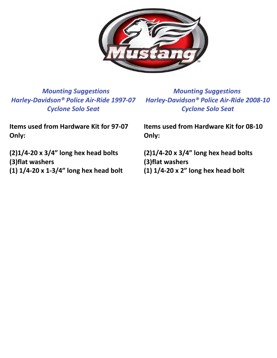 Mustang Motorcycle Seats Cyclone Hardware Kit 1997-2013 FL Air Ride User Manual | 3 pages