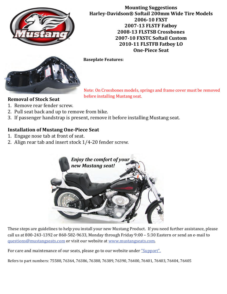 Mustang Motorcycle Seats One-Piece DayTripper Seat - Harley-Davidson FXST, FLSTF & FLSTSB Softail User Manual | 1 page