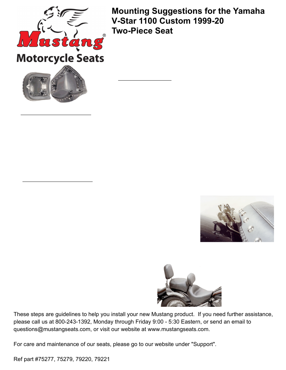 Mustang Motorcycle Seats Wide Touring Two-Piece Vintage Seat - Yamaha V-Star 1100, No Studs, No Conchos User Manual | 1 page