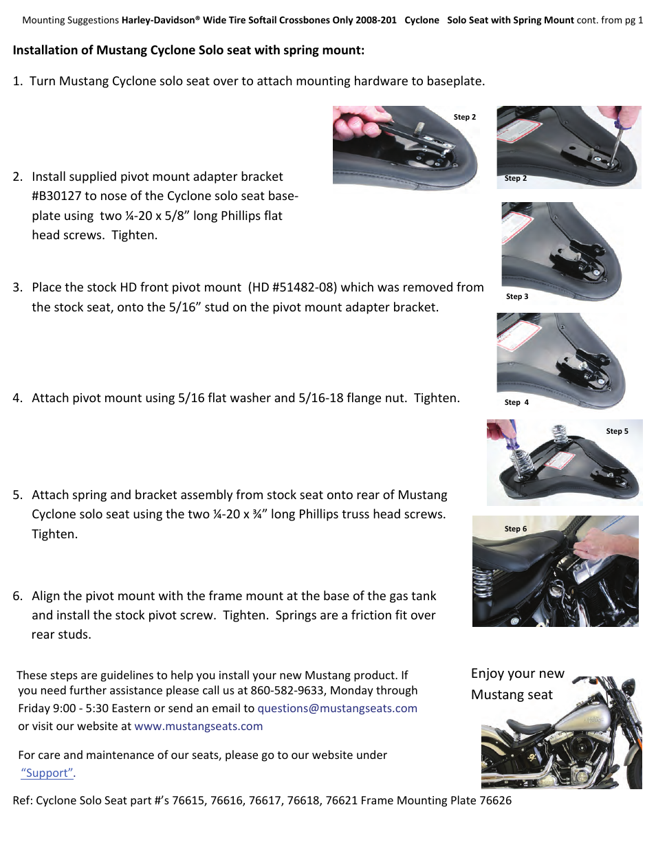 Mustang Motorcycle Seats Cyclone Hardware Kit 2006-2013 FLSTB Cross Bones (stock spring system) User Manual | Page 2 / 2