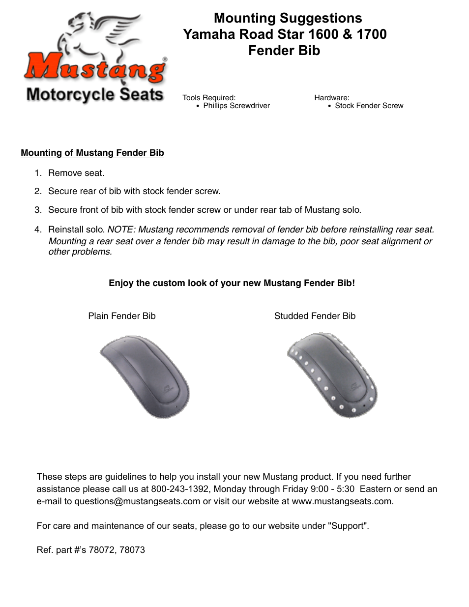 Mustang Motorcycle Seats Studded Fender Bib - Yamaha Road Star User Manual | 1 page