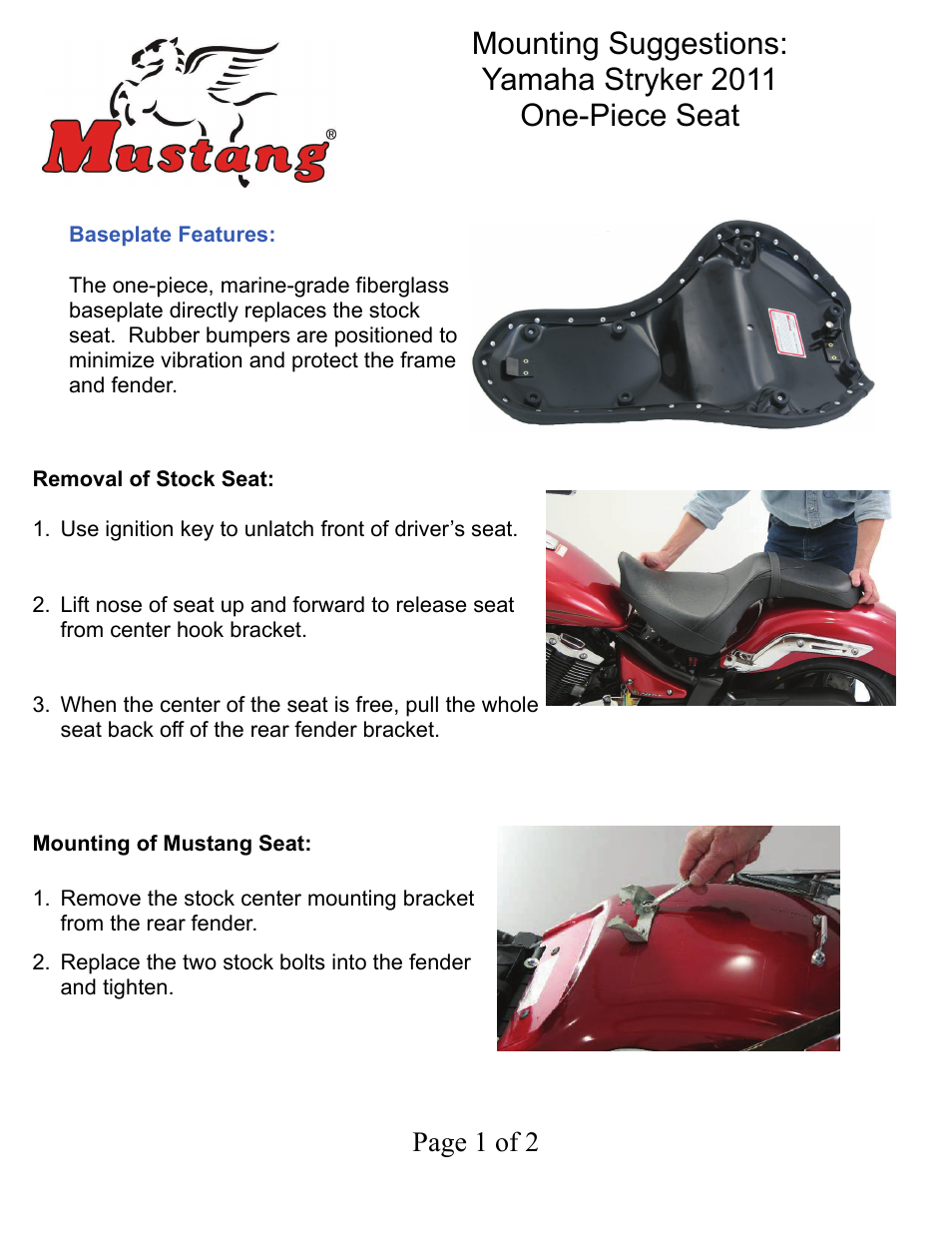 Mustang Motorcycle Seats One-Piece DayTripper Yamaha Stryker User Manual | 2 pages