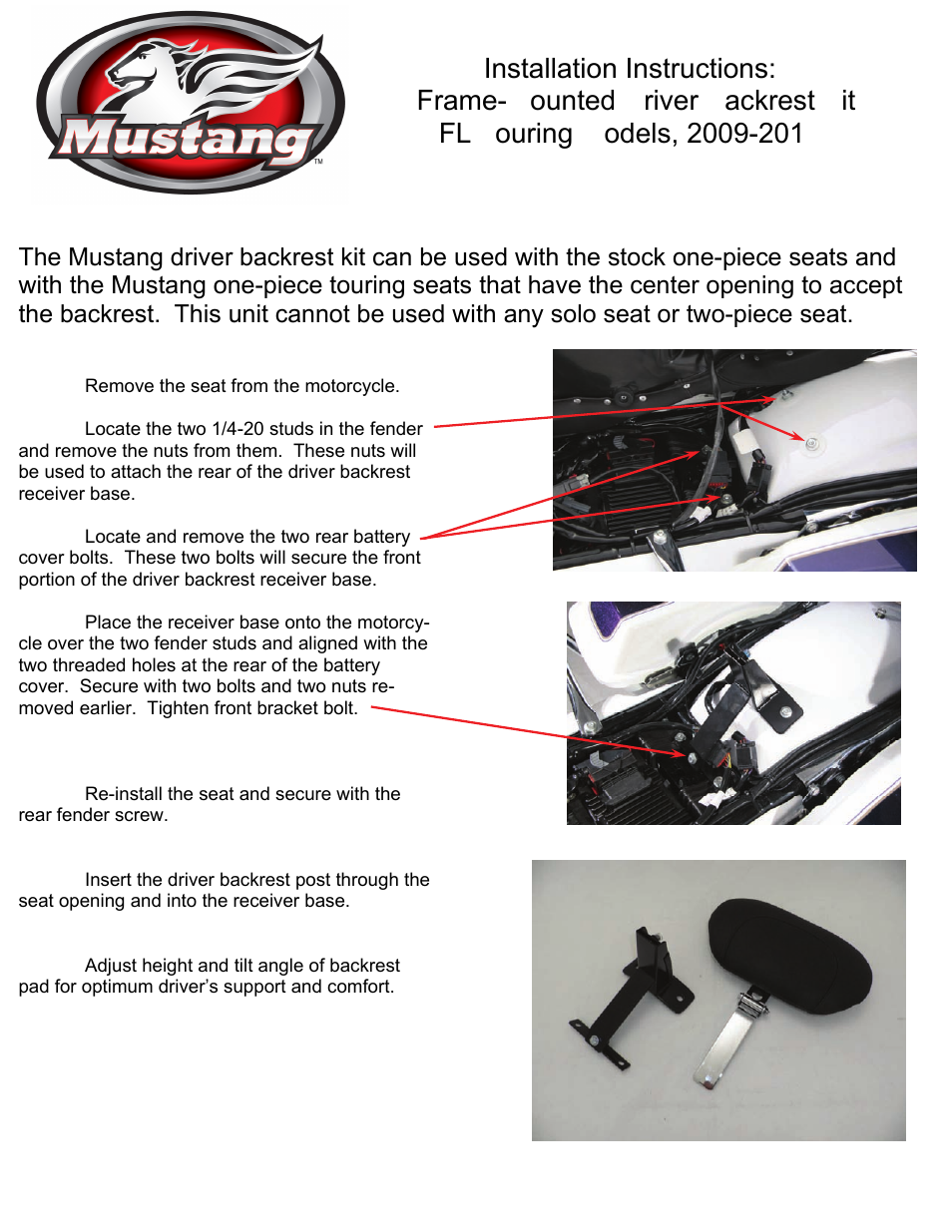 Mustang Motorcycle Seats Driver Backrest Kit, Regal - Harley-Davidson FL Touring, Chrome Studs User Manual | 2 pages