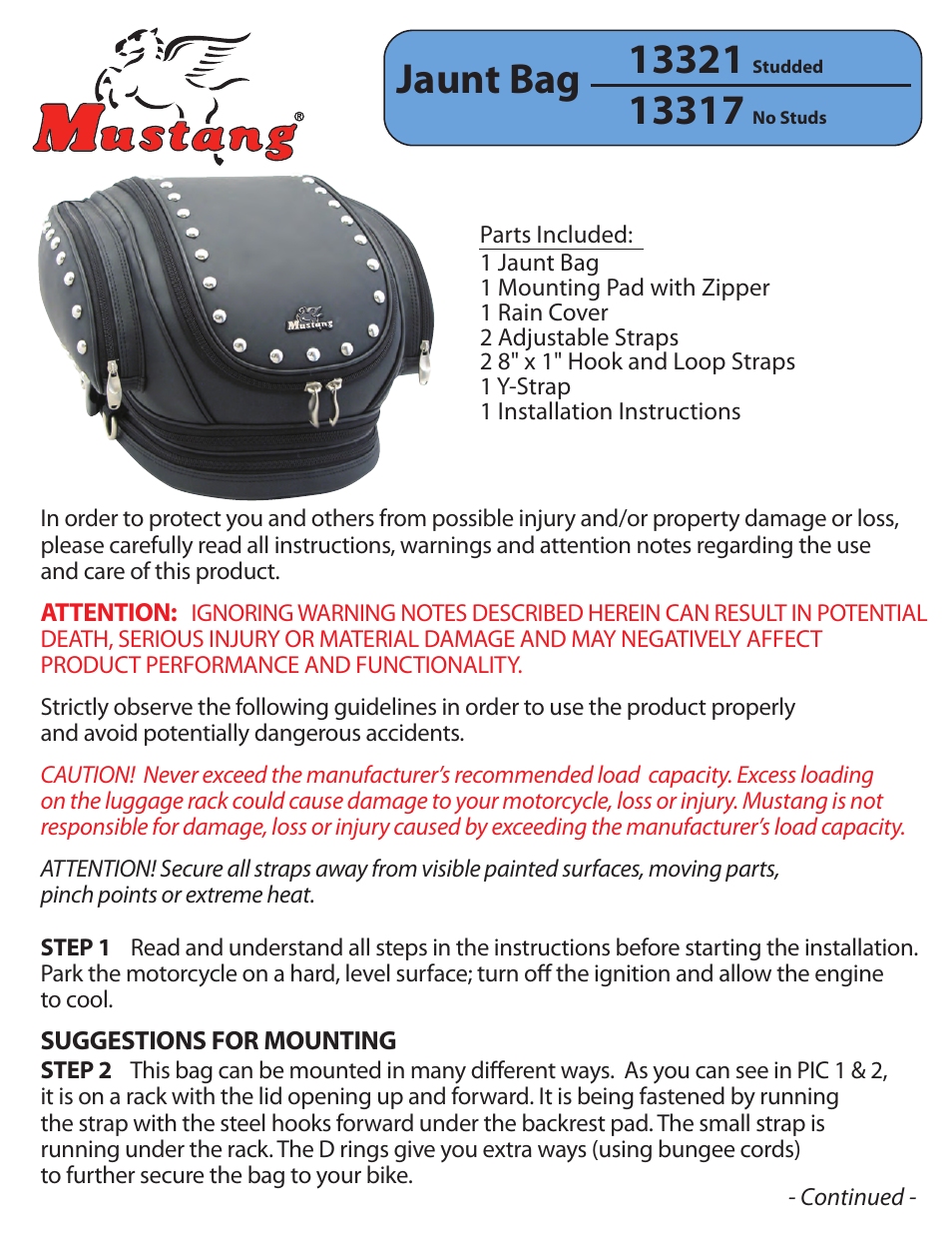 Mustang Motorcycle Seats Mustang Motorcycle Jaunt Bag, No Studs User Manual | 2 pages