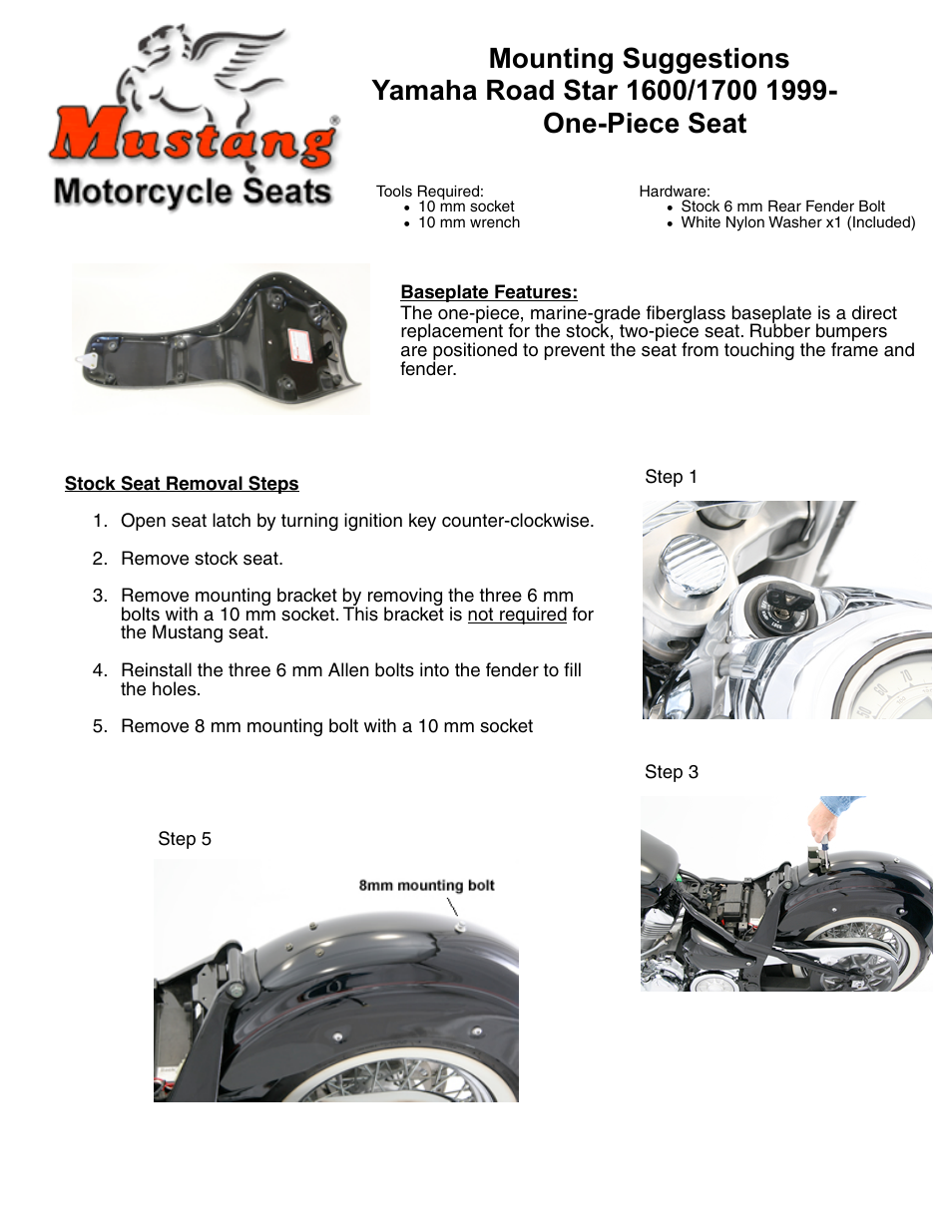 Mustang Motorcycle Seats One-Piece Deluxe DayTripper Seat - Yamaha Road Star User Manual | 2 pages