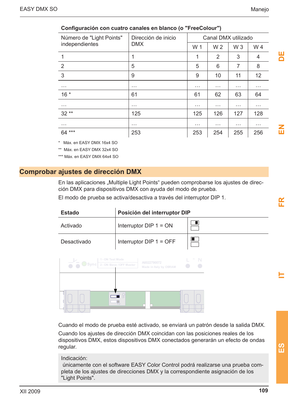 De en fr it es, Comprobar ajustes de dirección dmx, Easy dmx 16x4 so | OSRAM EASY DMX 16x4 SO User Manual | Page 109 / 114