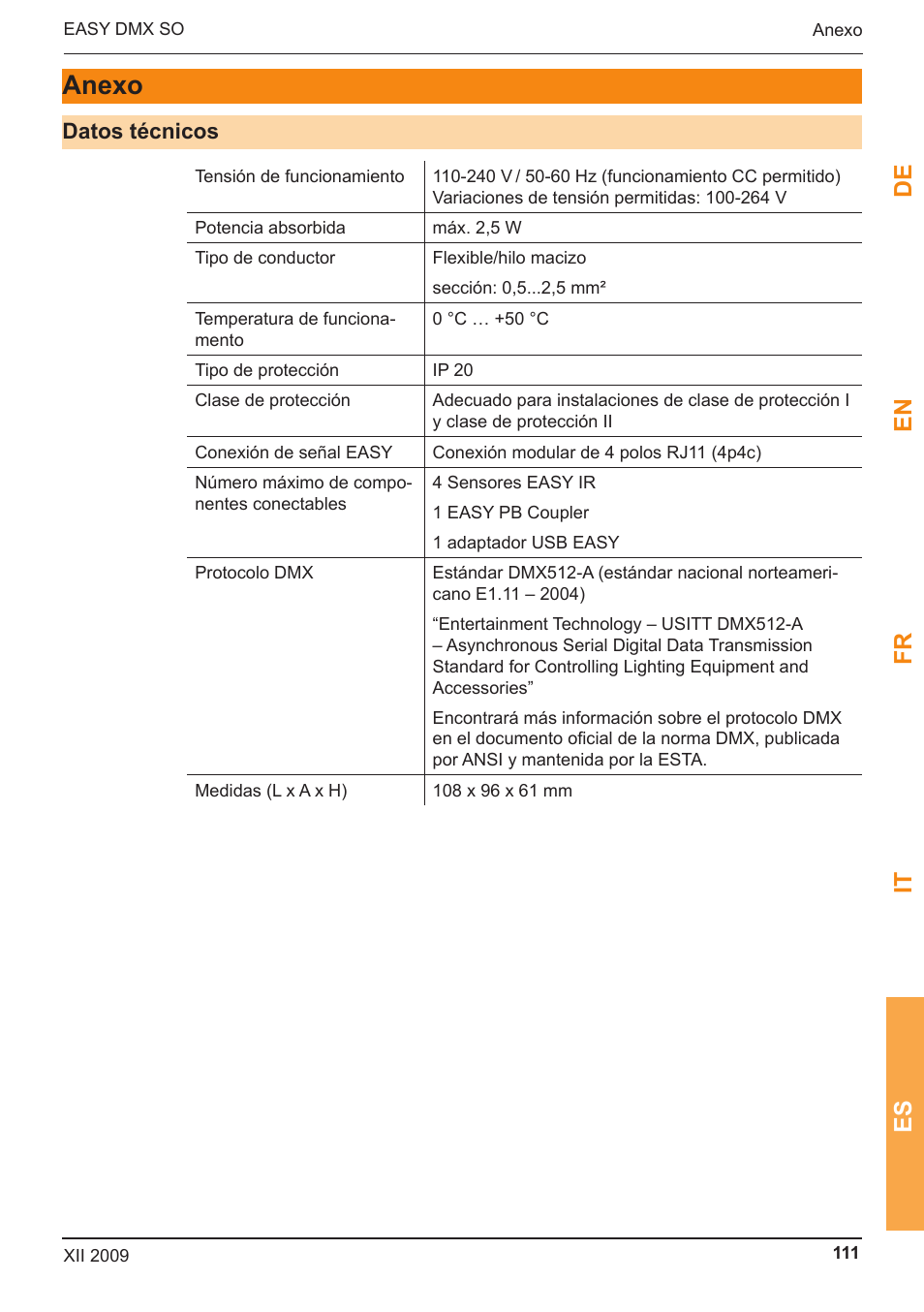 Anexo, De en fr it es | OSRAM EASY DMX 16x4 SO User Manual | Page 111 / 114