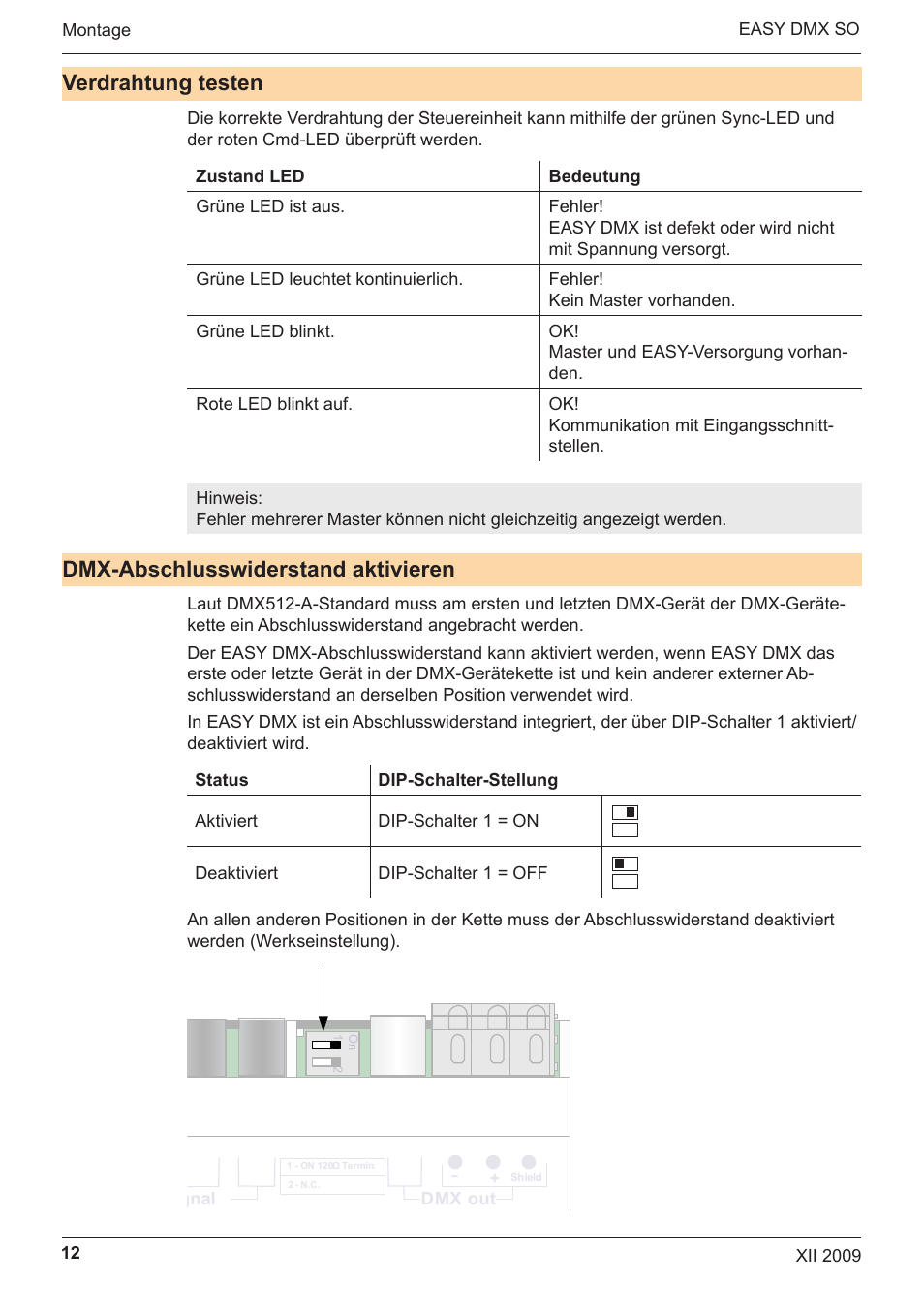 Verdrahtung testen, Dmx-abschlusswiderstand aktivieren, Easy dmx 16x4 so | OSRAM EASY DMX 16x4 SO User Manual | Page 12 / 114