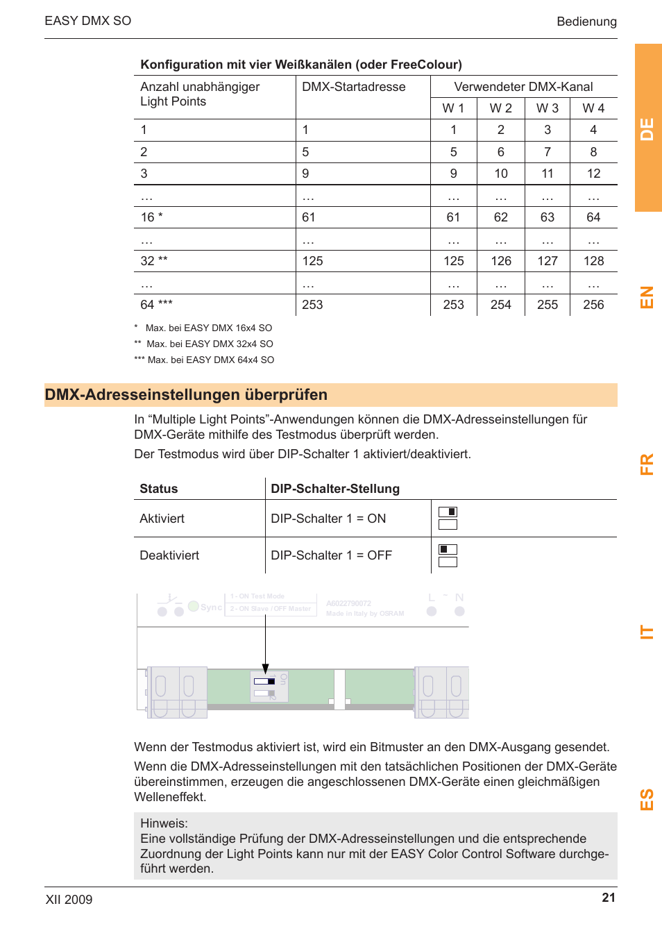 De en fr it es, Dmx-adresseinstellungen überprüfen, Easy dmx 16x4 so | OSRAM EASY DMX 16x4 SO User Manual | Page 21 / 114