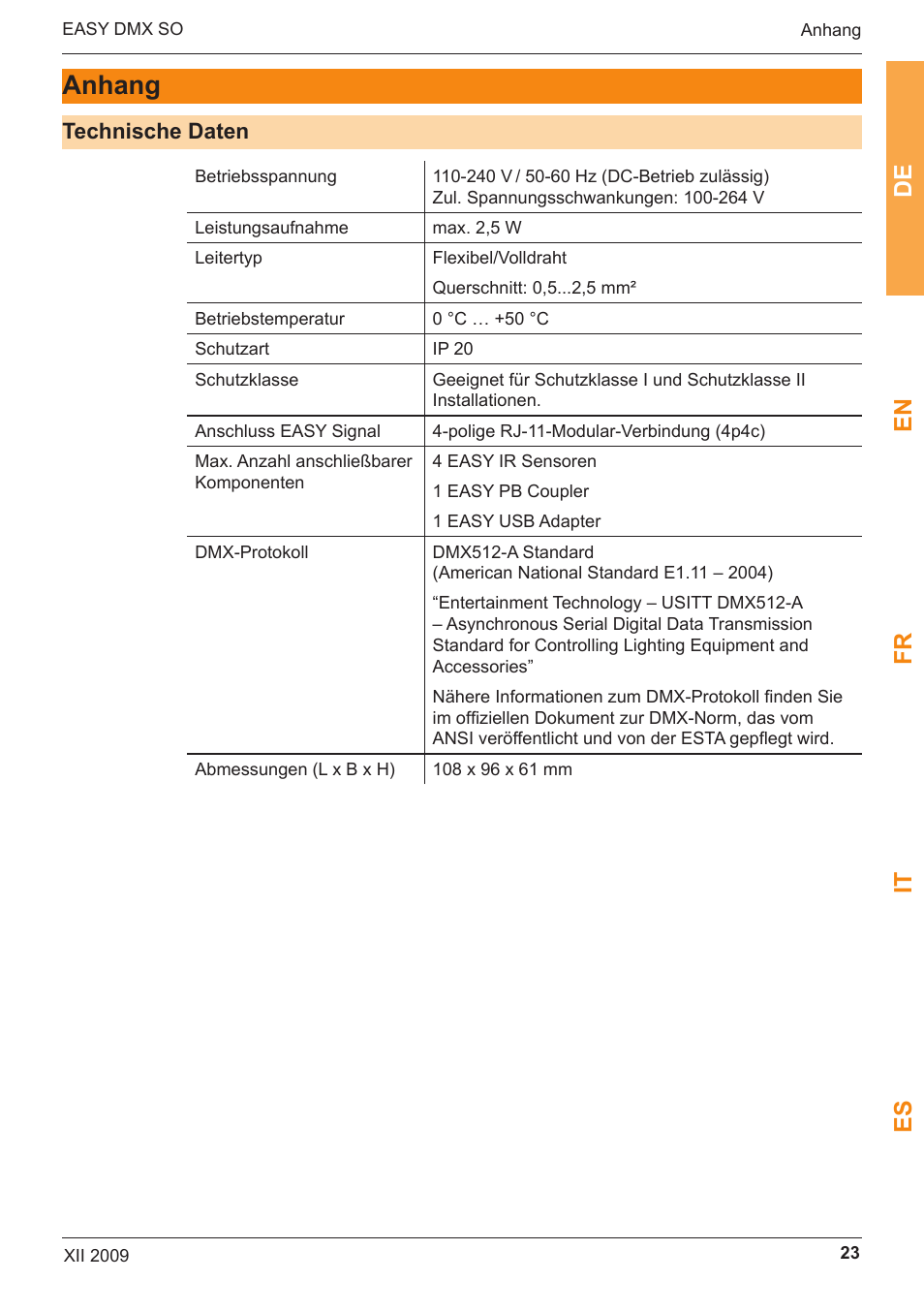 Anhang, De en fr it es | OSRAM EASY DMX 16x4 SO User Manual | Page 23 / 114