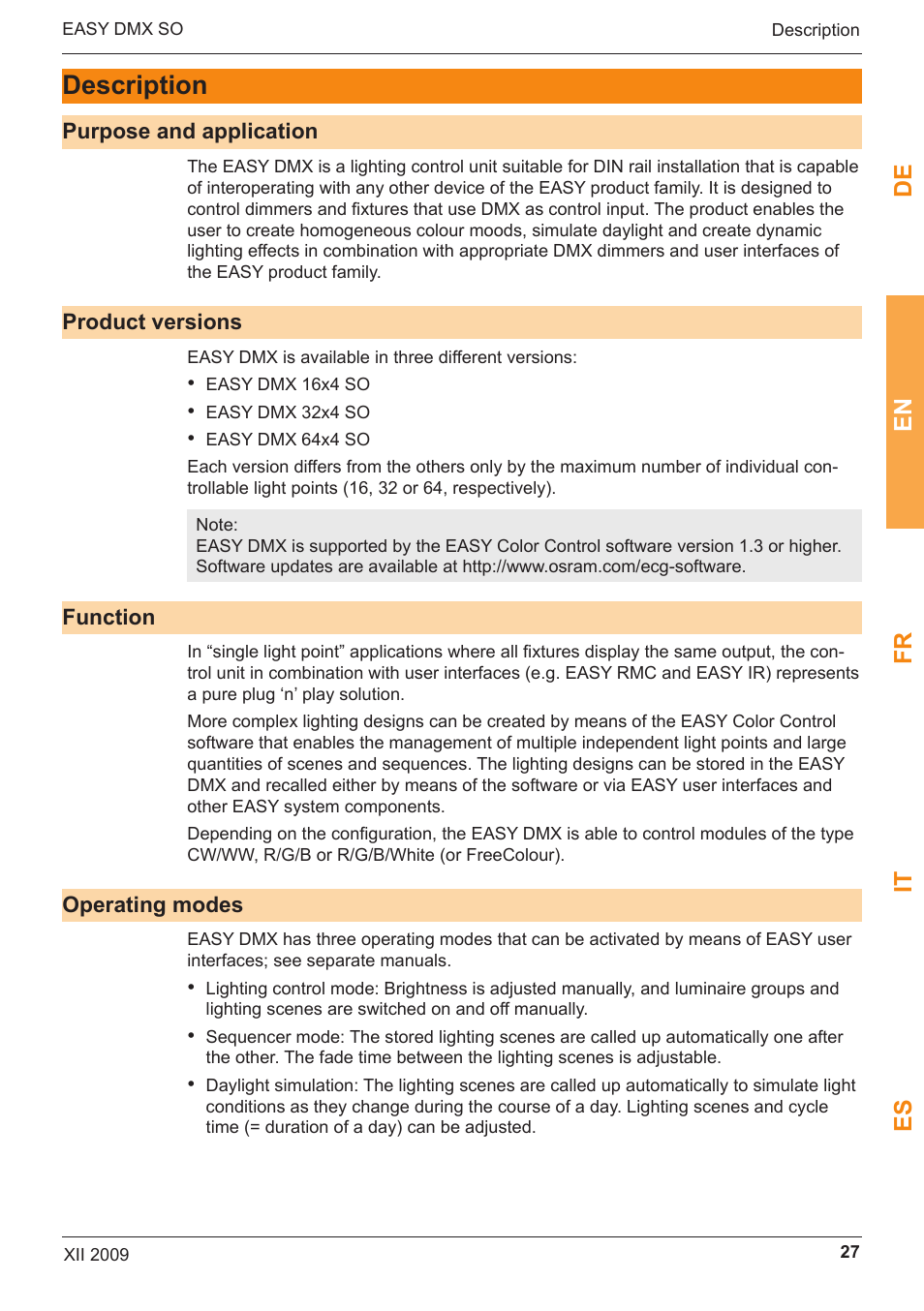 Description, De en fr it es | OSRAM EASY DMX 16x4 SO User Manual | Page 27 / 114