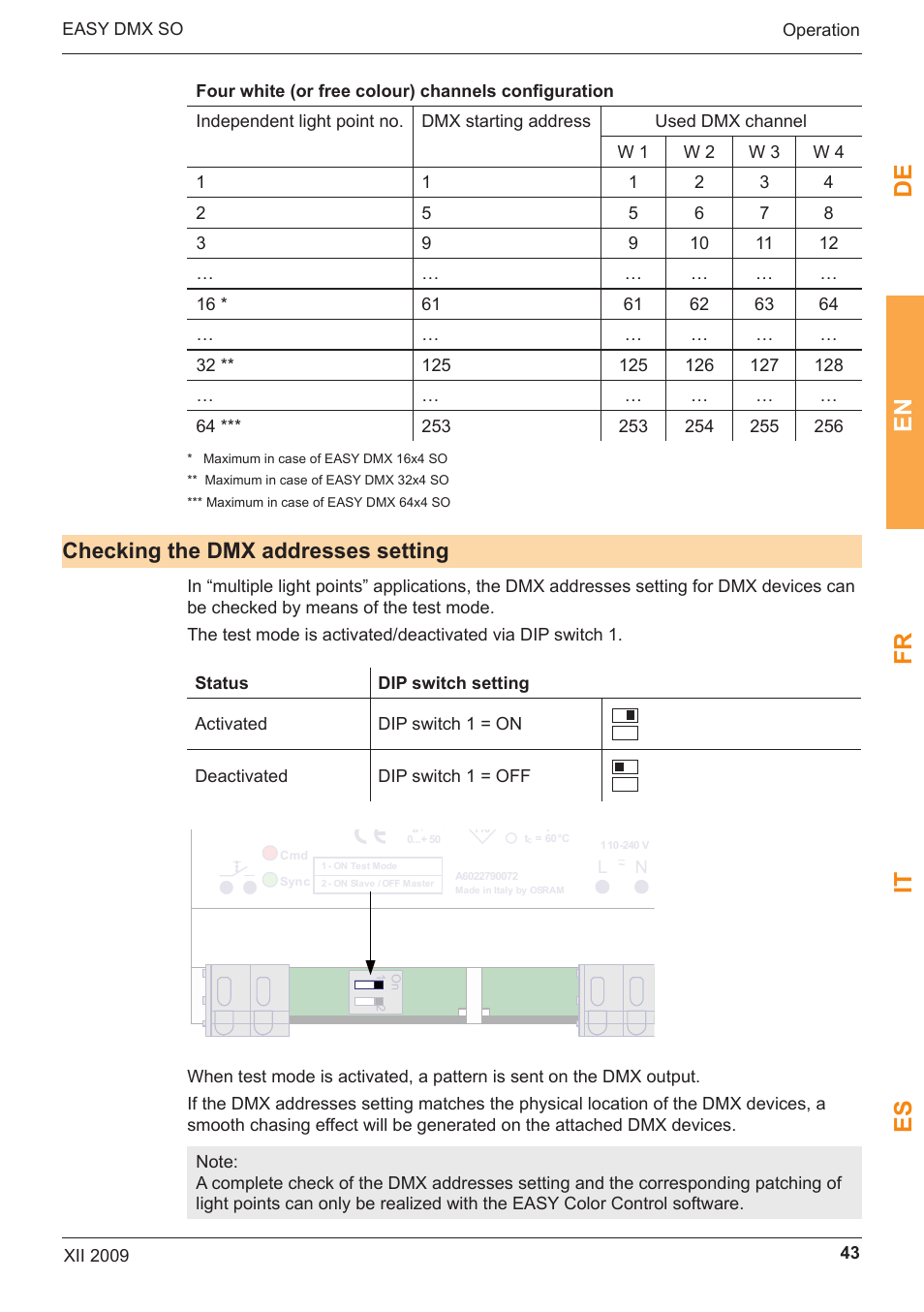 De en fr it es, Checking the dmx addresses setting, Easy dmx 16x4 so | OSRAM EASY DMX 16x4 SO User Manual | Page 43 / 114