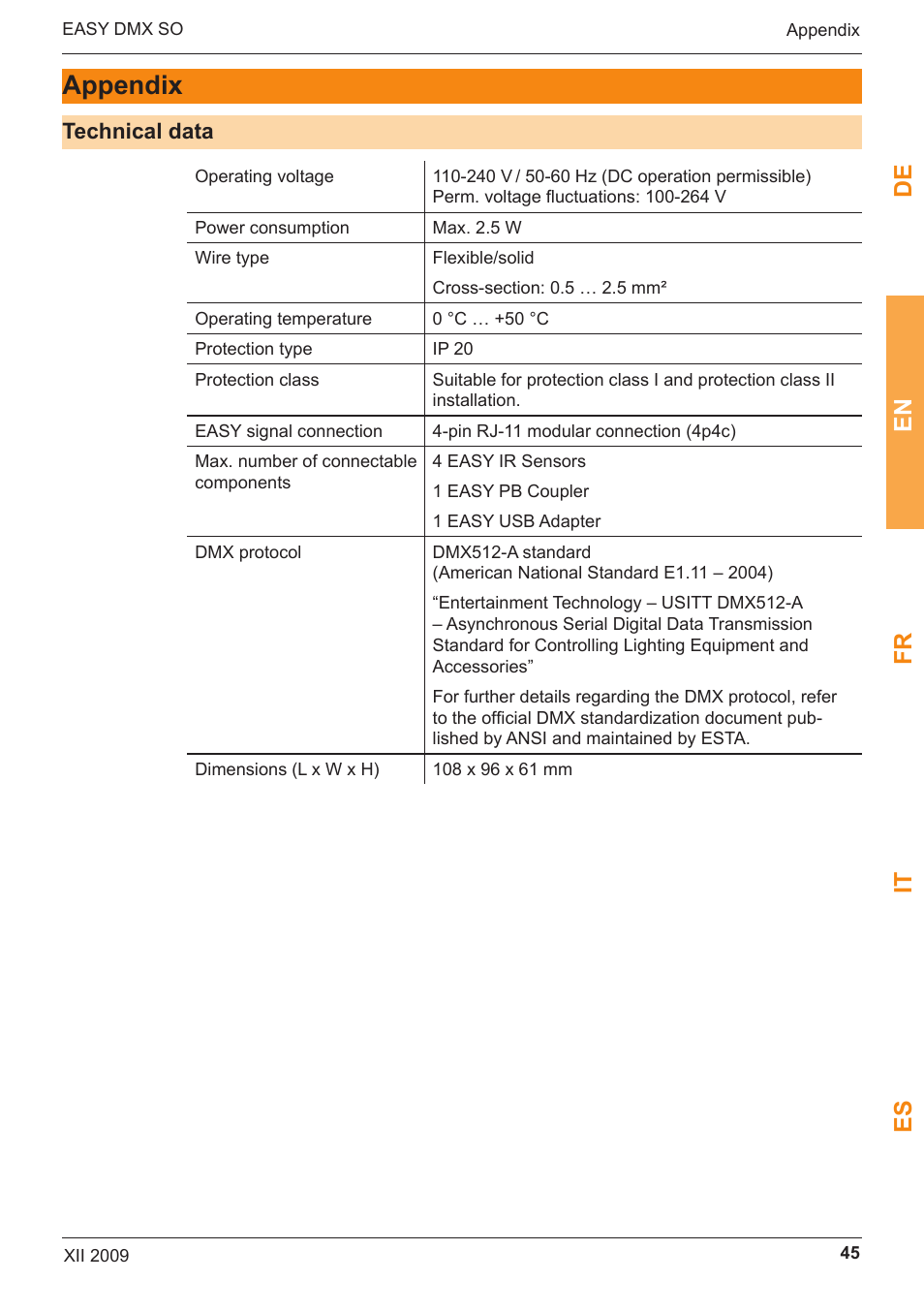 Appendix, De en fr it es | OSRAM EASY DMX 16x4 SO User Manual | Page 45 / 114