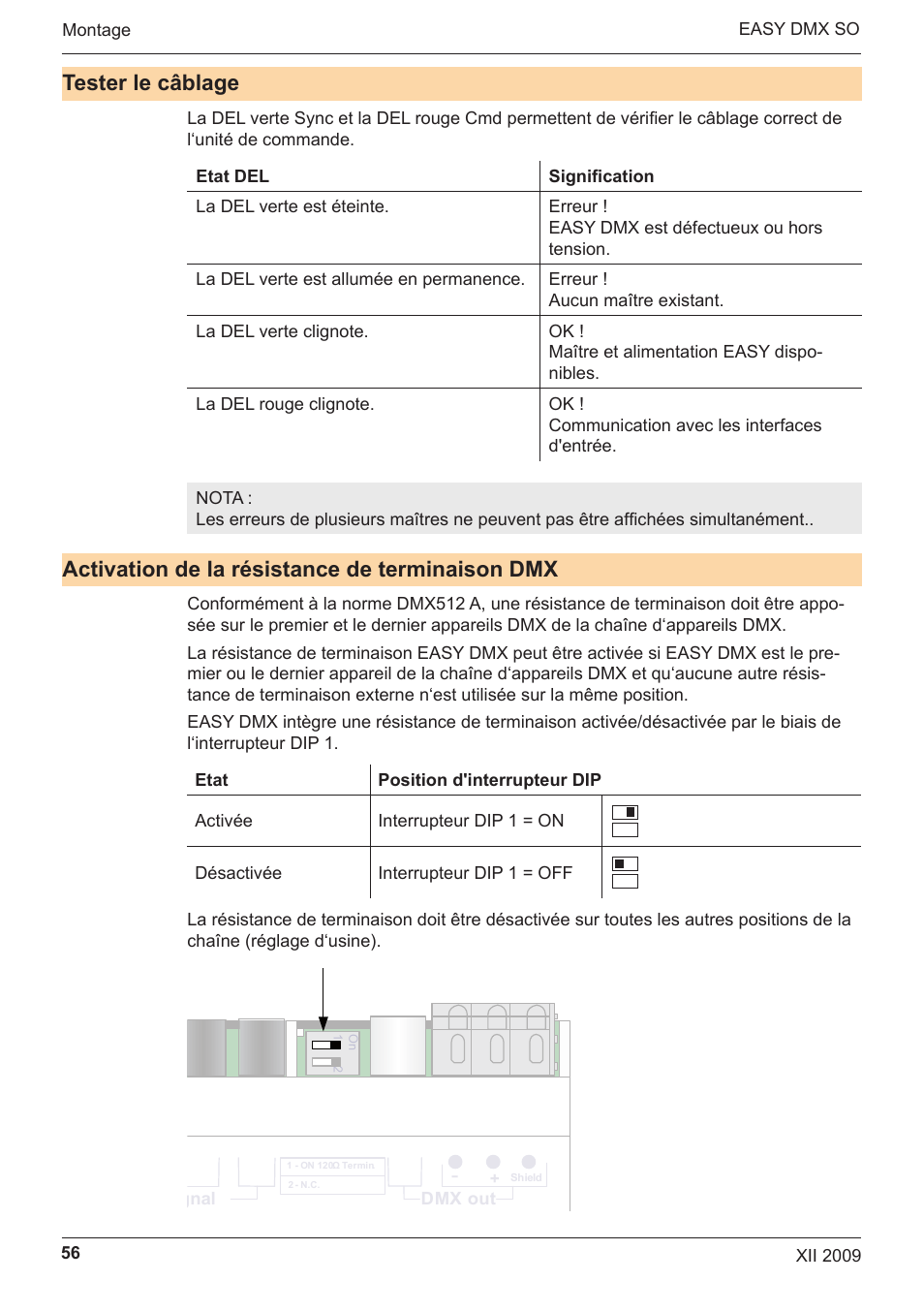 Tester le câblage, Activation de la résistance de terminaison dmx, Easy dmx 16x4 so | OSRAM EASY DMX 16x4 SO User Manual | Page 56 / 114