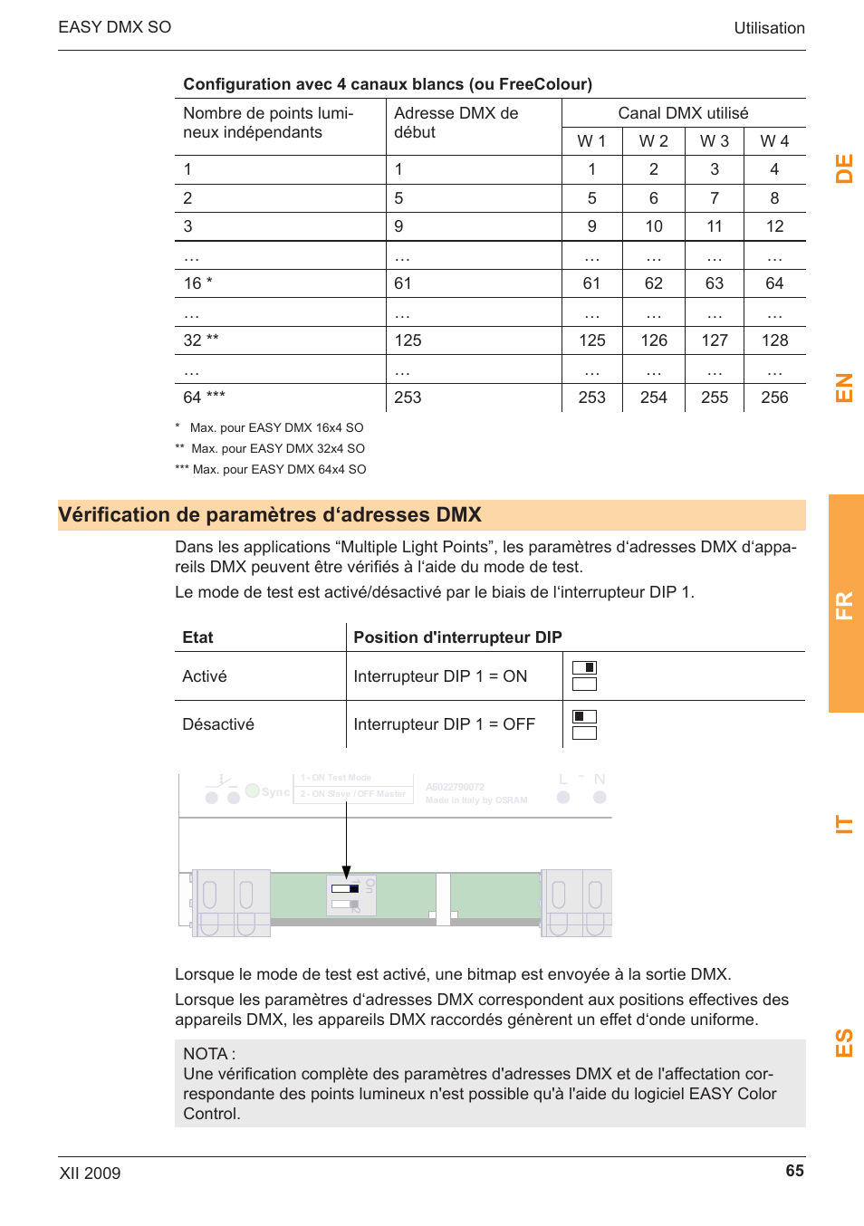 De en fr it es, Vérification de paramètres d‘adresses dmx, Easy dmx 16x4 so | OSRAM EASY DMX 16x4 SO User Manual | Page 65 / 114