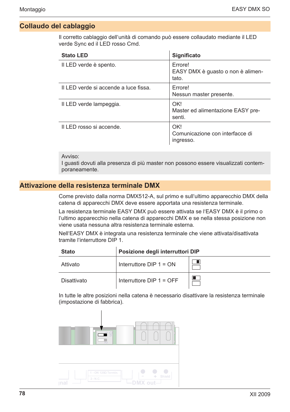 Collaudo del cablaggio, Attivazione della resistenza terminale dmx, Easy dmx 16x4 so | OSRAM EASY DMX 16x4 SO User Manual | Page 78 / 114