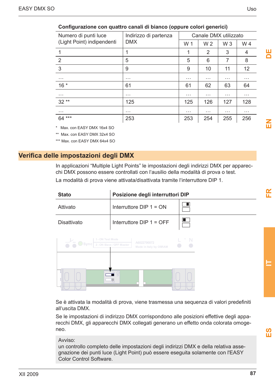 De en fr it es, Verifica delle impostazioni degli dmx, Easy dmx 16x4 so | OSRAM EASY DMX 16x4 SO User Manual | Page 87 / 114