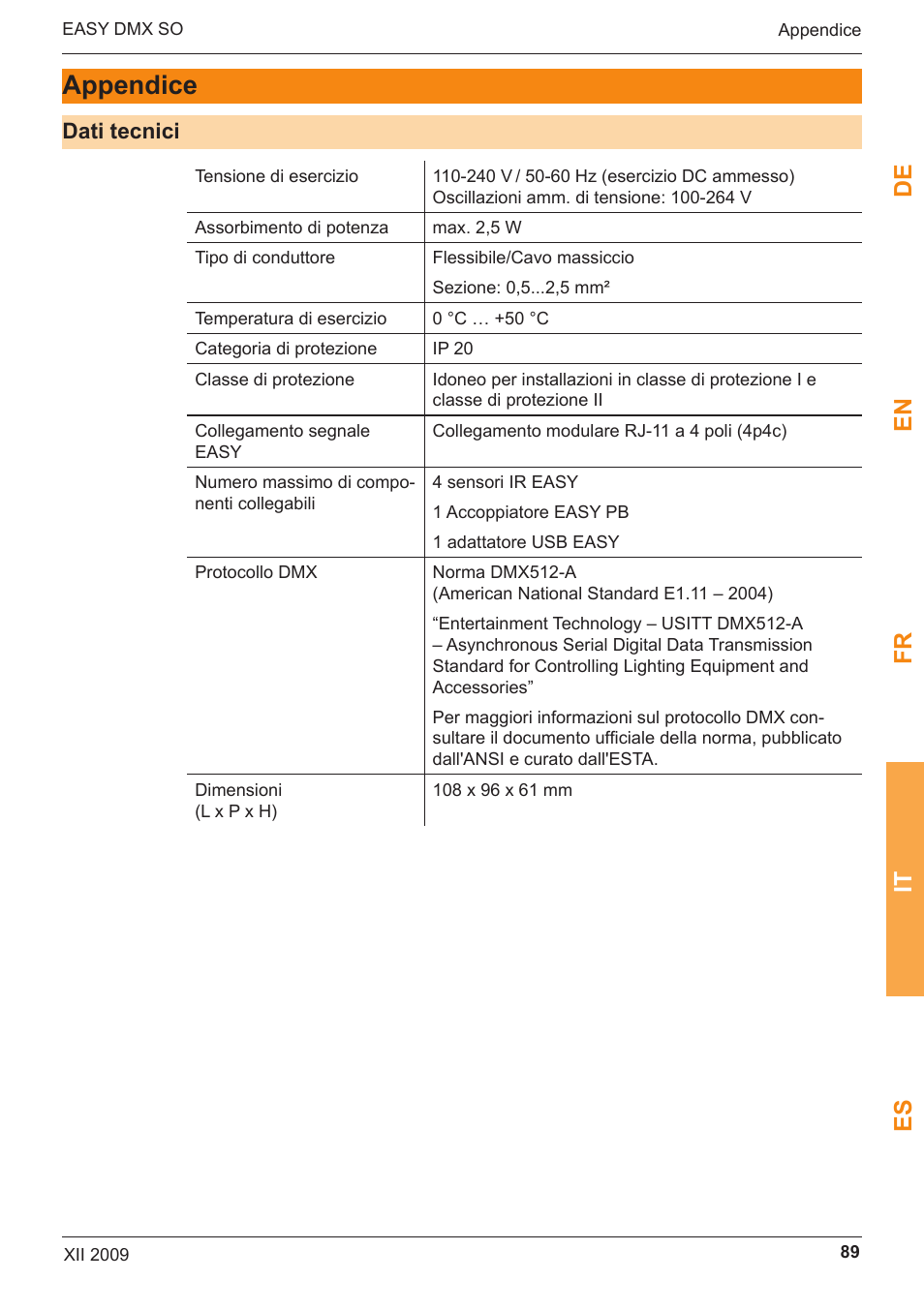 Appendice, De en fr it es | OSRAM EASY DMX 16x4 SO User Manual | Page 89 / 114