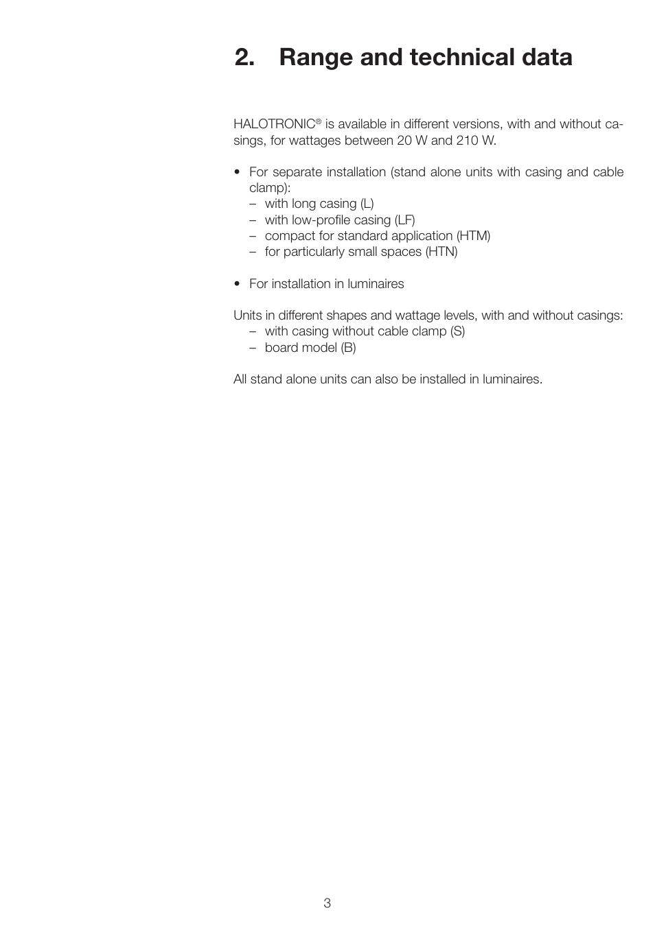Range and technical data | OSRAM HALOTRONIC-PROFESSIONAL HTL User Manual | Page 4 / 25