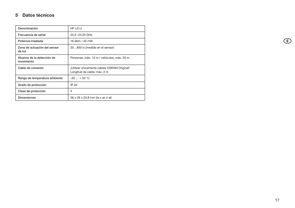 5 datos técnicos | OSRAM HF LS LI User Manual | Page 17 / 28