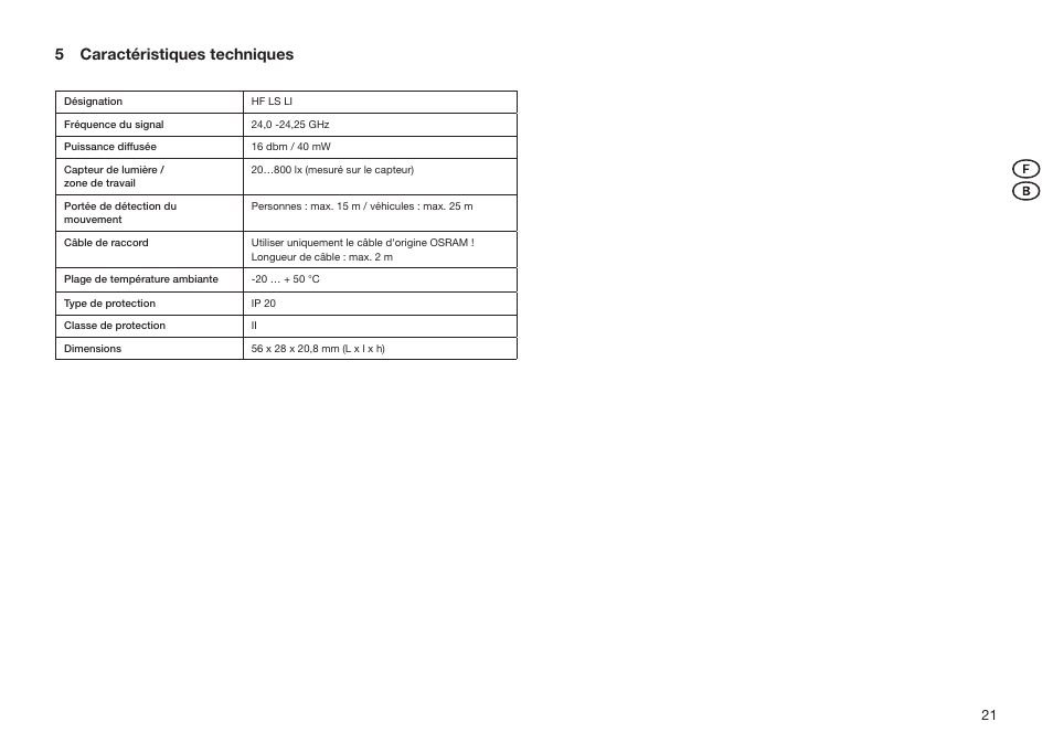 5 caractéristiques techniques | OSRAM HF LS LI User Manual | Page 21 / 28