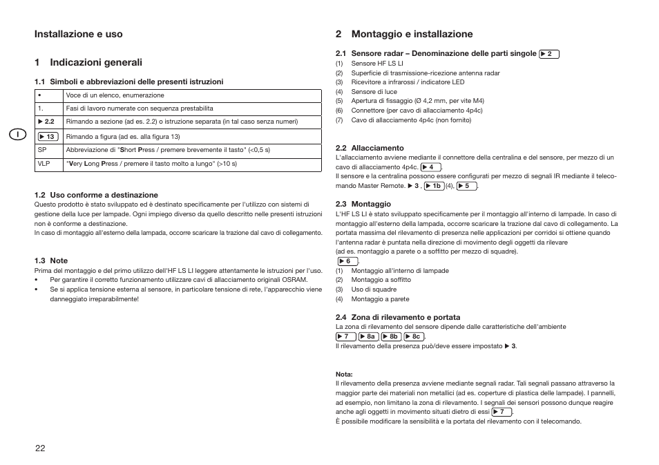 Installazione e uso 1 indicazioni generali, 2 montaggio e installazione | OSRAM HF LS LI User Manual | Page 22 / 28