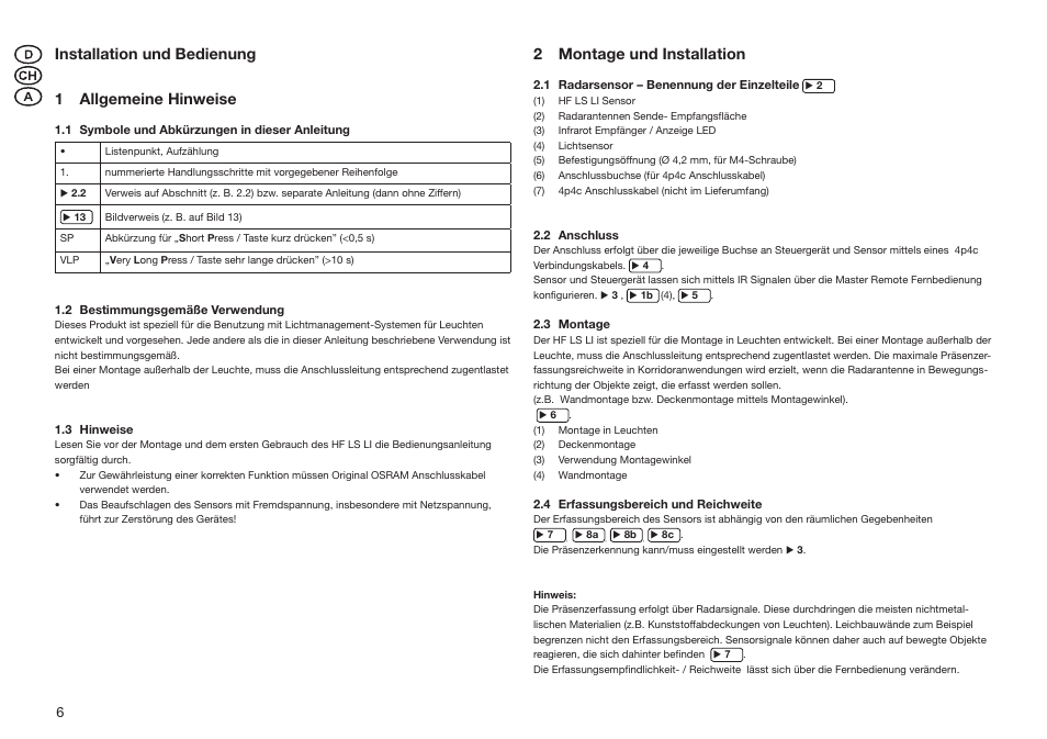 Installation und bedienung 1 allgemeine hinweise, 2 montage und installation | OSRAM HF LS LI User Manual | Page 6 / 28