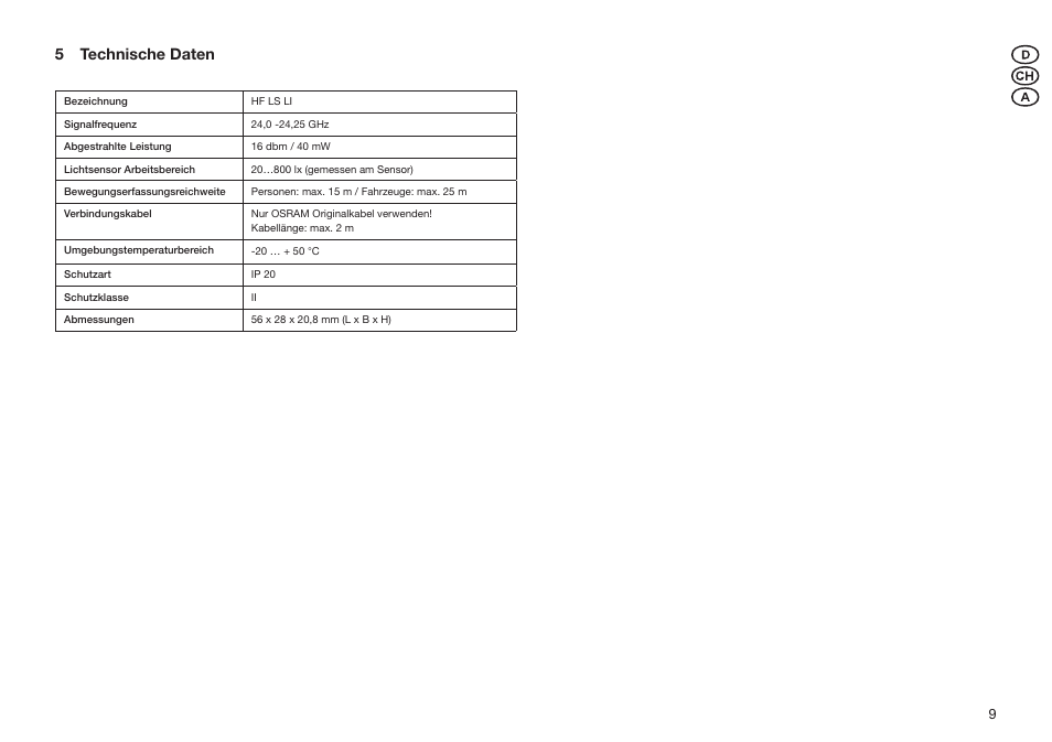 5 technische daten | OSRAM HF LS LI User Manual | Page 9 / 28