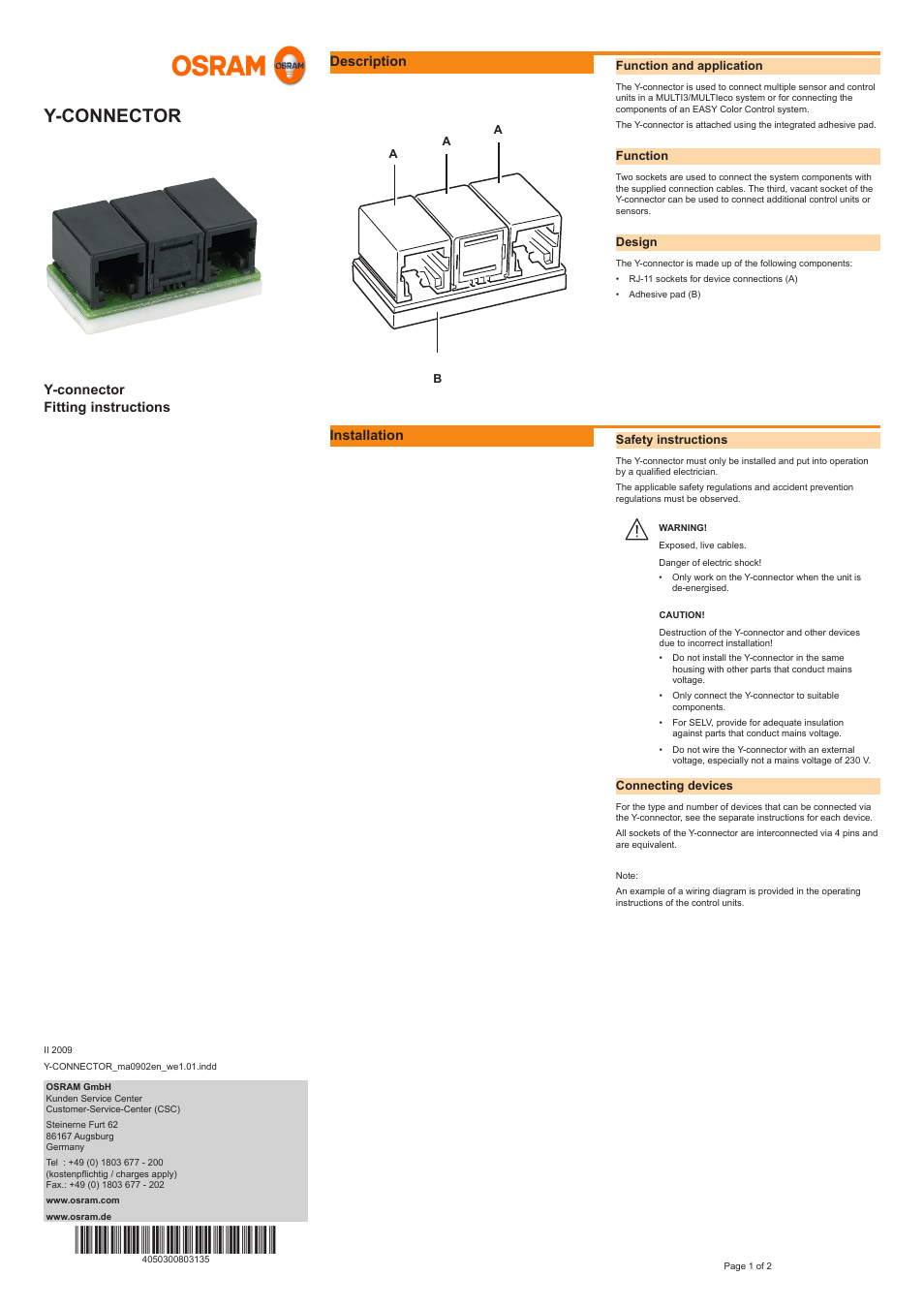 OSRAM Y-CONNECTOR User Manual | 2 pages