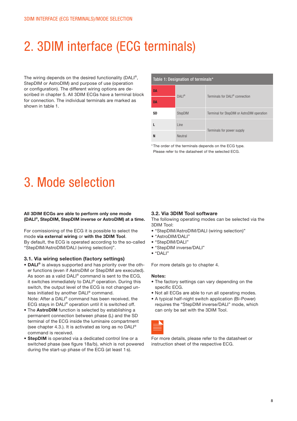 3dim interface (ecg terminals) 3. mode selection | OSRAM OPTOTRONIC Constant current LED power supplies with 3DIM User Manual | Page 8 / 24