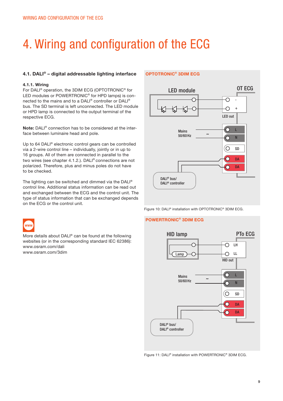 Wiring and conﬁ guration of the ecg, Led module hid lamp, Ot ecg pto ecg | Wiring and configuration of the ecg 4.1. dali, Digital addressable lighting interface | OSRAM OPTOTRONIC Constant current LED power supplies with 3DIM User Manual | Page 9 / 24