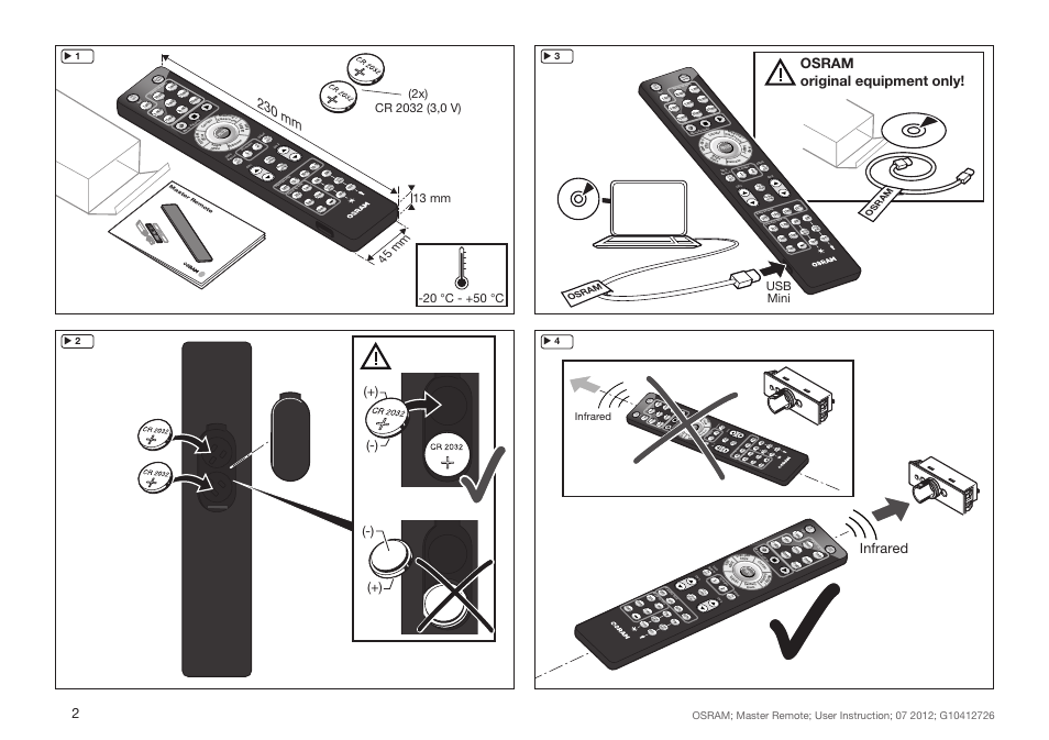 Sw itc h o ff de lay tes t sensor selec t on off, 230 mm, Osram original equipment only | Infrared, 45 mm, Usb mini | OSRAM Master Remote User Manual | Page 2 / 4